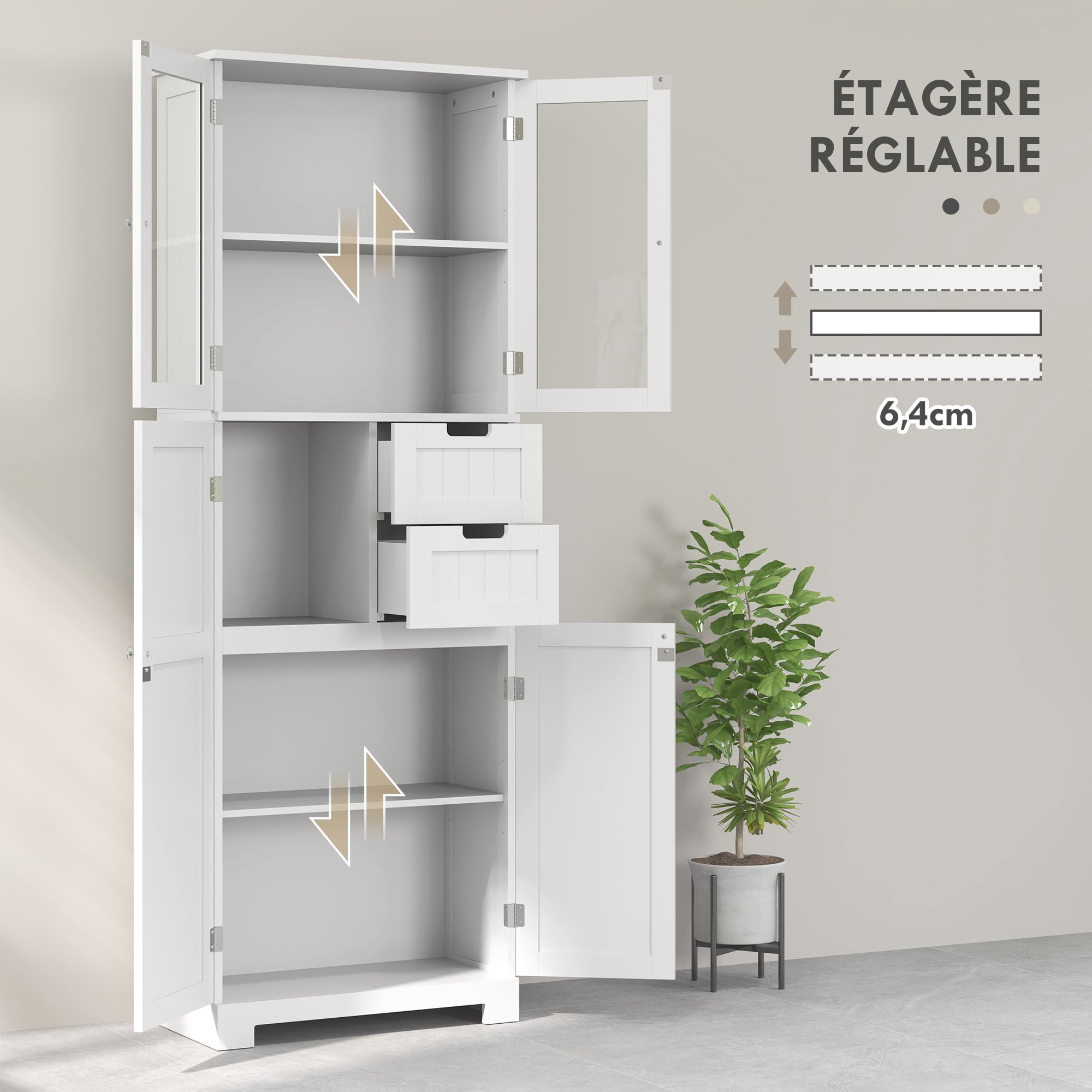 HOMCOM Meuble de Salle de Bain Haut, Meuble de Rangement, Colonne Salle de Bain avec 4 Portes Dont 2 vitrées, 2 tiroirs et étagères réglables, Style Moderne, pour Salon, Chambre, 60x30x170cm, Blanc