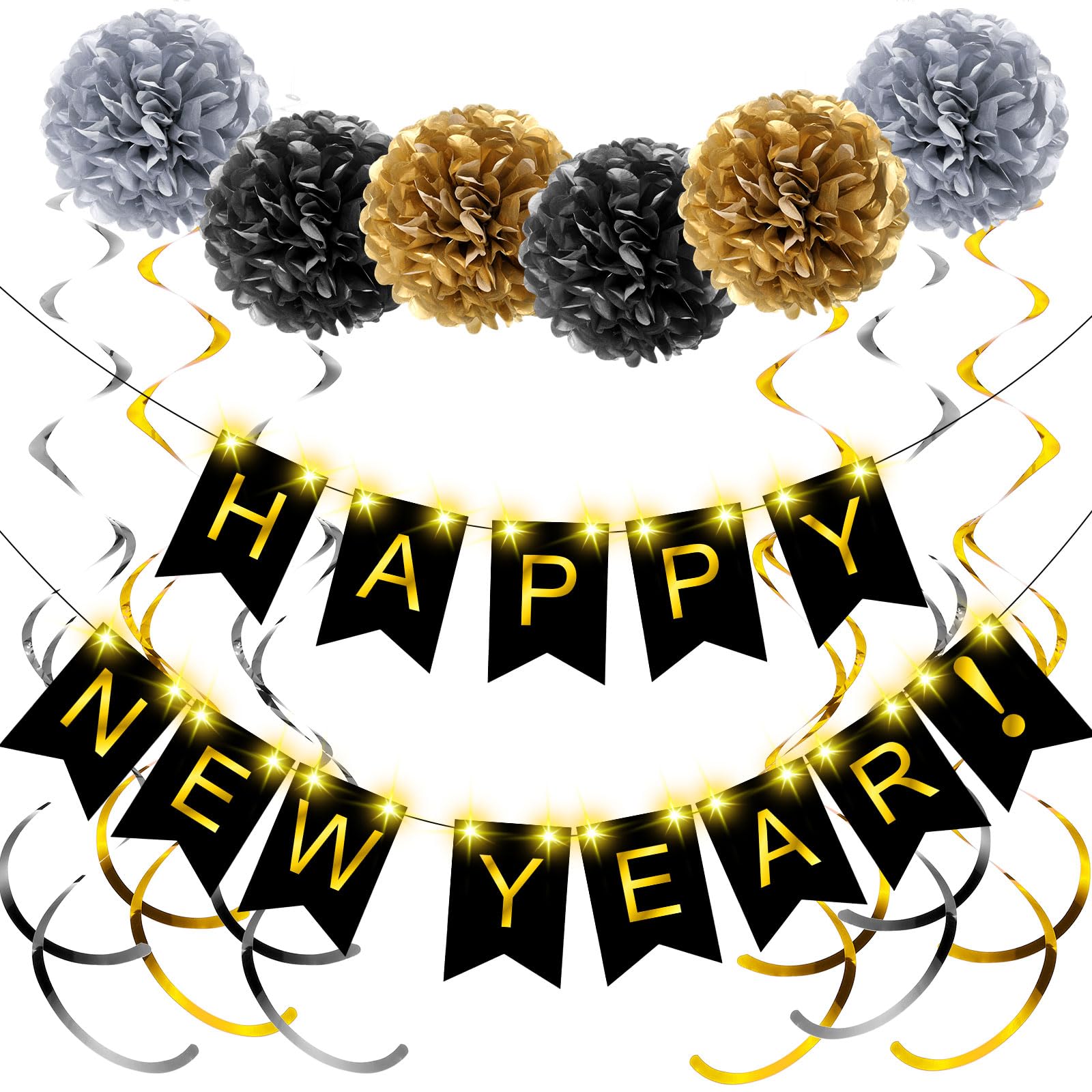 TaoBary 15 Pcs New Year's Eve Party Supplies for 2026 Happy New Year Decorations Black Gold Banner Swirl Streamers Pom Poms Glow Lights Lunar Year's