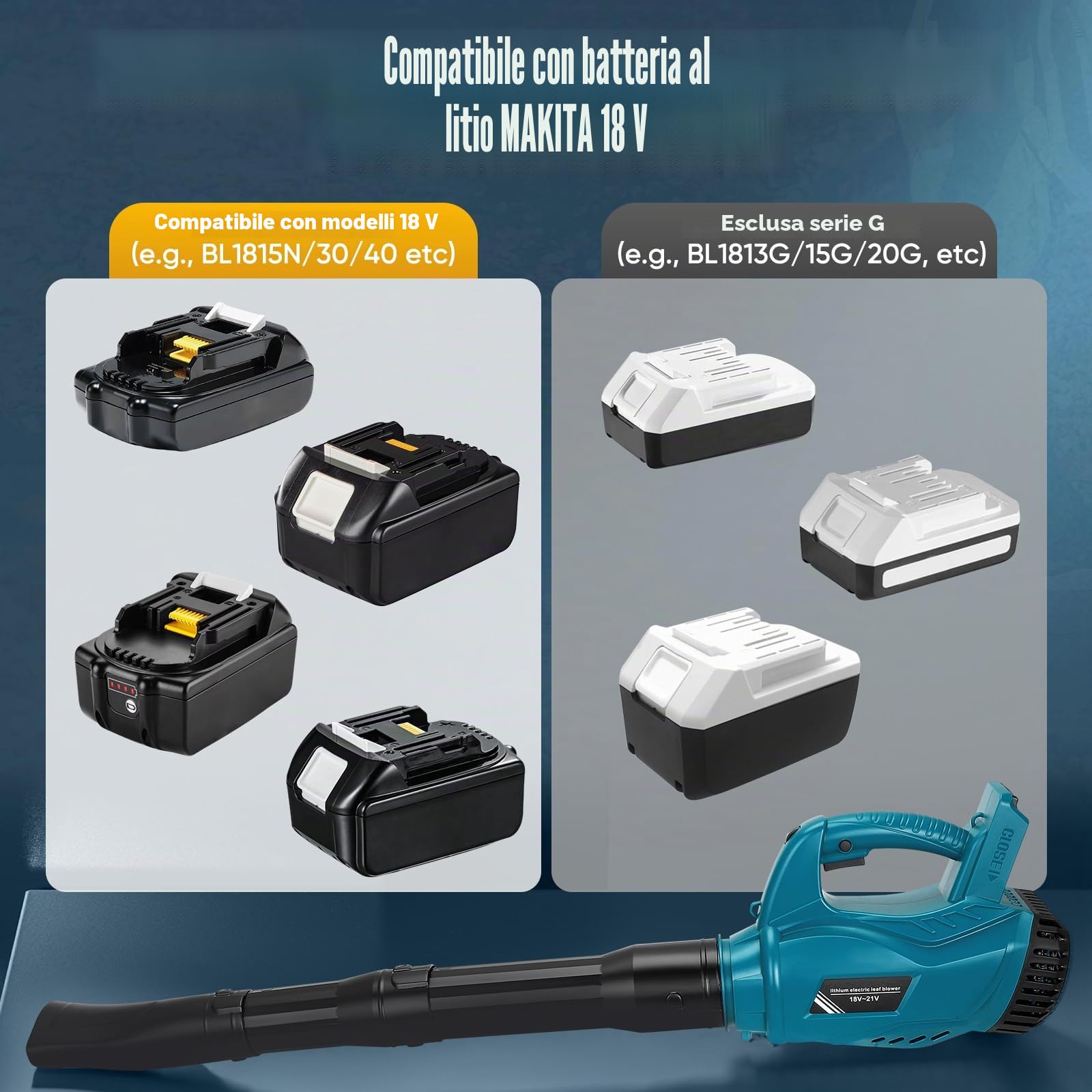 Soffiatore elettrico per foglie di polvere compatibile con batteria Makita 18 V, 6 impostazioni di velocità fino a 297 km/h, grande volume per edilizia casa giardino cura del prato