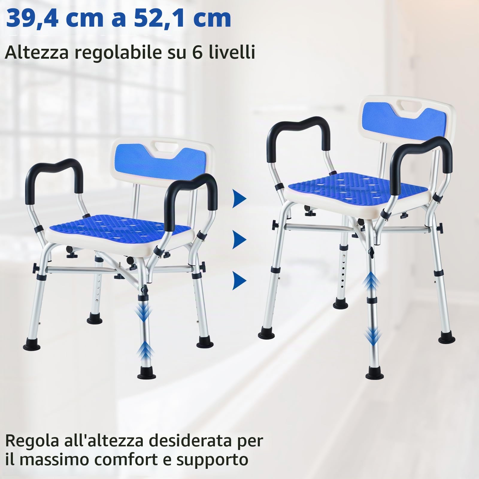 Sedia da Doccia Larga e Resistente con Braccioli e Schienale Rimovibili, Sedile da Doccia Antiscivolo da Bagno con Regolazione in Altezza a 6 Livelli per Adulti, Anziani Blu