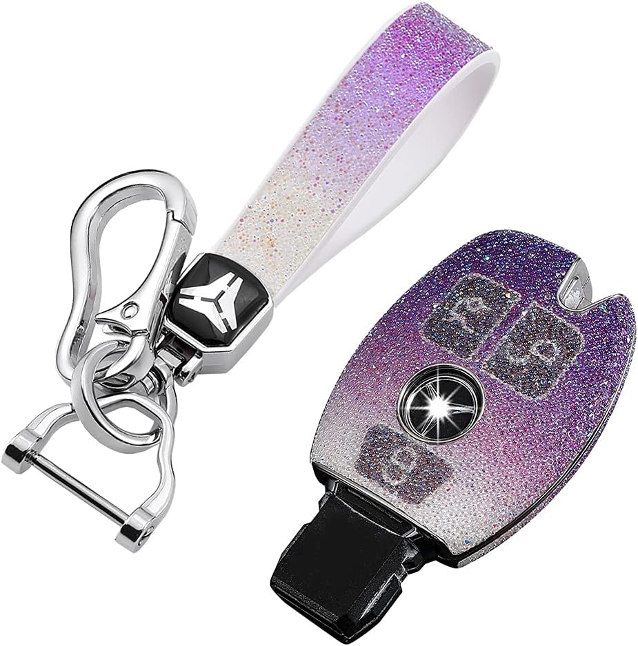 SANRILY Gradient Purple Bling Key Fob Cover for Mercedes Benz GLC 300 Class C E G S M GL AMG CLA CLS CLK GLS Shiny Rhinestone Key Holder Case with Key Ring-Keyless