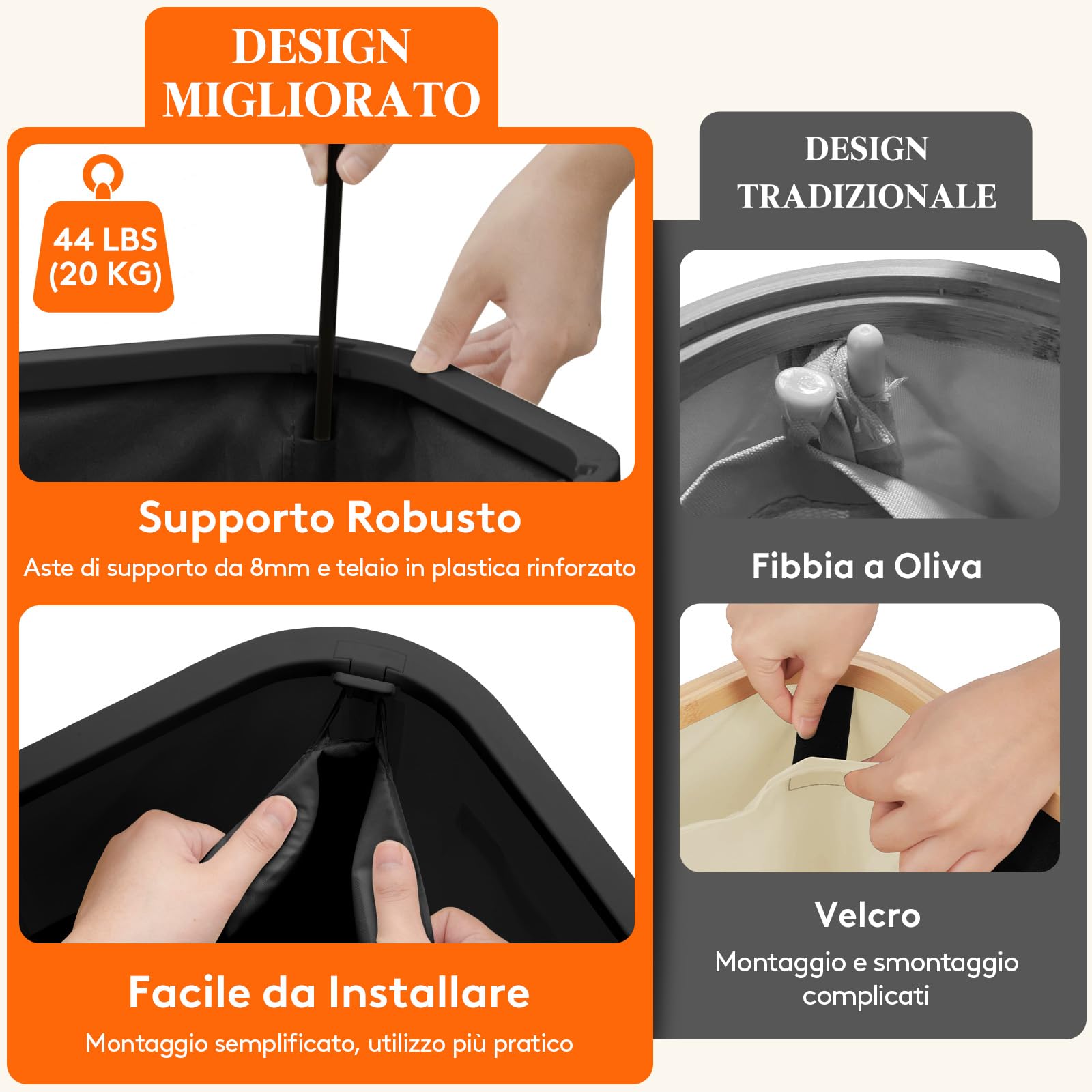 Lifewit Cesto Portabiancheria con Coperchio, Grande Portabiancheria Pieghevole a 3 Scomparti con Sacchi Rimovibili, Laundry Basket per Camera da Letto, Bagno e Lavanderia, 185L, Nero