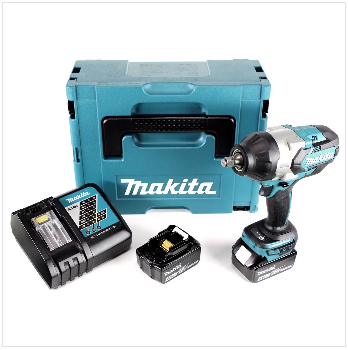 Makita DTW 1002 RMJ 18 V Li-Ion bezszczotkowa akumulatorowa wkrętarka udarowa z obudową Makpac + 2 x akumulator BL1840 4,0 Ah + szybka ładowarka DC18RC