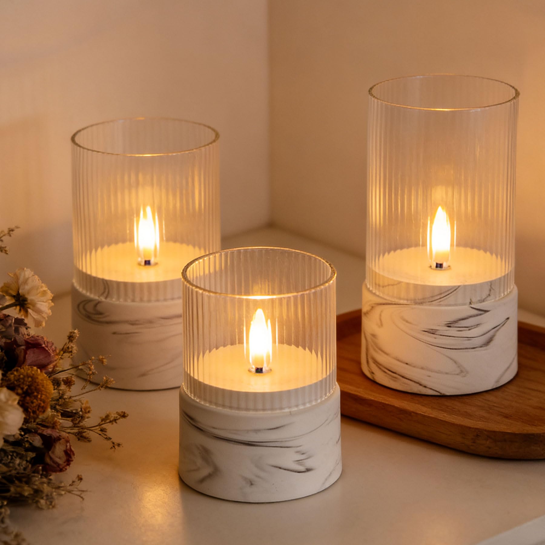 Fanna Grey And White 3 Battery Operated Glass Candles With Timer Function In Marble Texture, Flameless Led Candles For Home Decor And Table Centerpieces, Design - H 10Cm / 12.5Cm / 15Cm