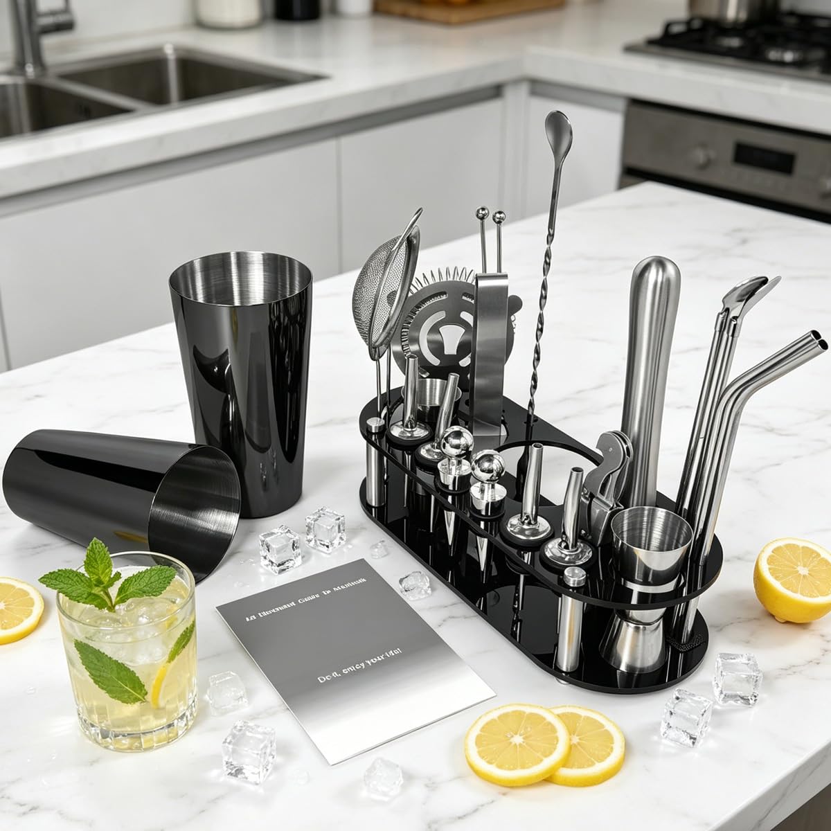 Juego de coctelera de 22 piezas, kit de camarero de 27/20 onzas, juegos de herramientas de bar de acero inoxidable para mezclar bebidas, coctelera Boston con soporte folleto de recetas (negro-27-20