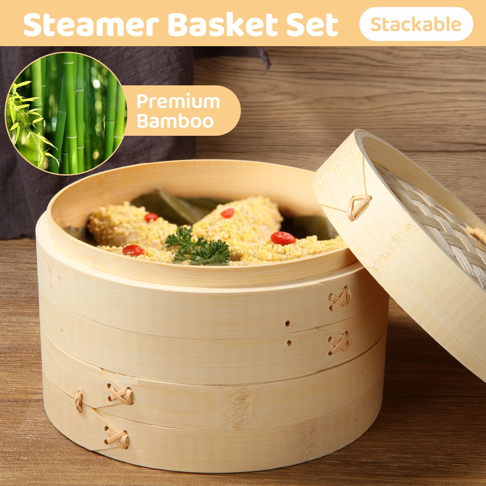 QTLCOHD Bambus-Dampfgarer, 20,3 cm, 3 Etagen, Dumpling Dampfkorb zum Kochen von kleinen Lebensmitteln, Dampfgarer für Dim Sum, Bao, Brötchen, Reis, Gemüse