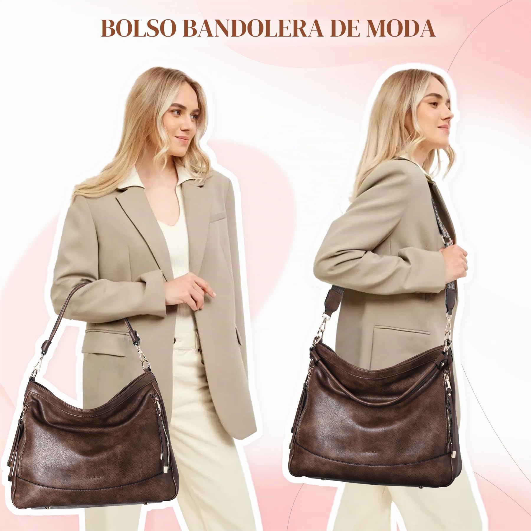 RAVUO Bolso Mujer, Bolso Bandolera Grande de Cuero Pu Elegante Bolso de Mano con 1 Correa Ajustable Casual Bolsa Tote 2pcs