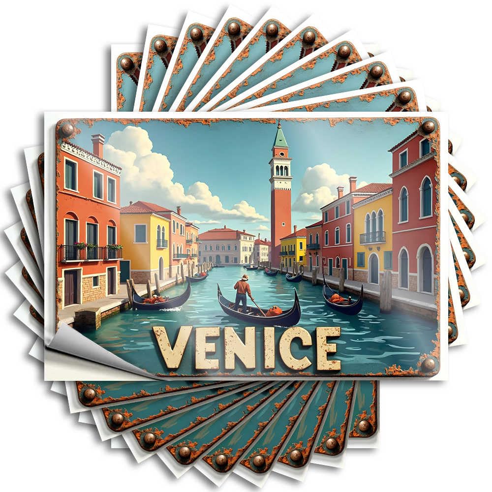 Back Yard Decorations Earth Decal - Colorful Venice Canals with Gondoliers and Historical Architectur Case Waterproof Vinyl Sticker(8X12CM)