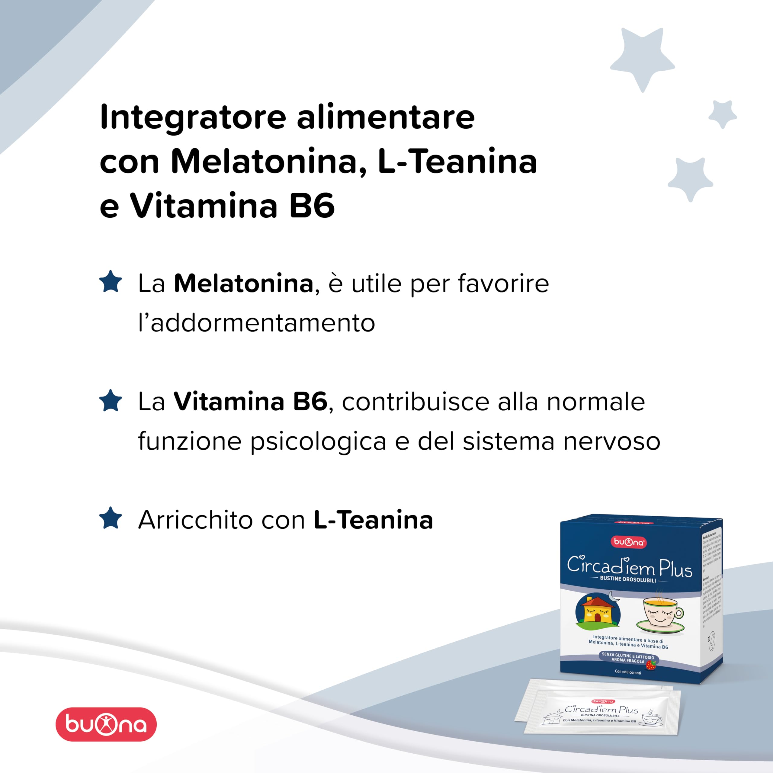 Buona Circadiem Plus Melatonina Bambini e L Teanina, 20 Bustine Orosolubili, Senza Glutine e Lattosio, Melatonina per Dormire con Vitamina B6, Made in Italy