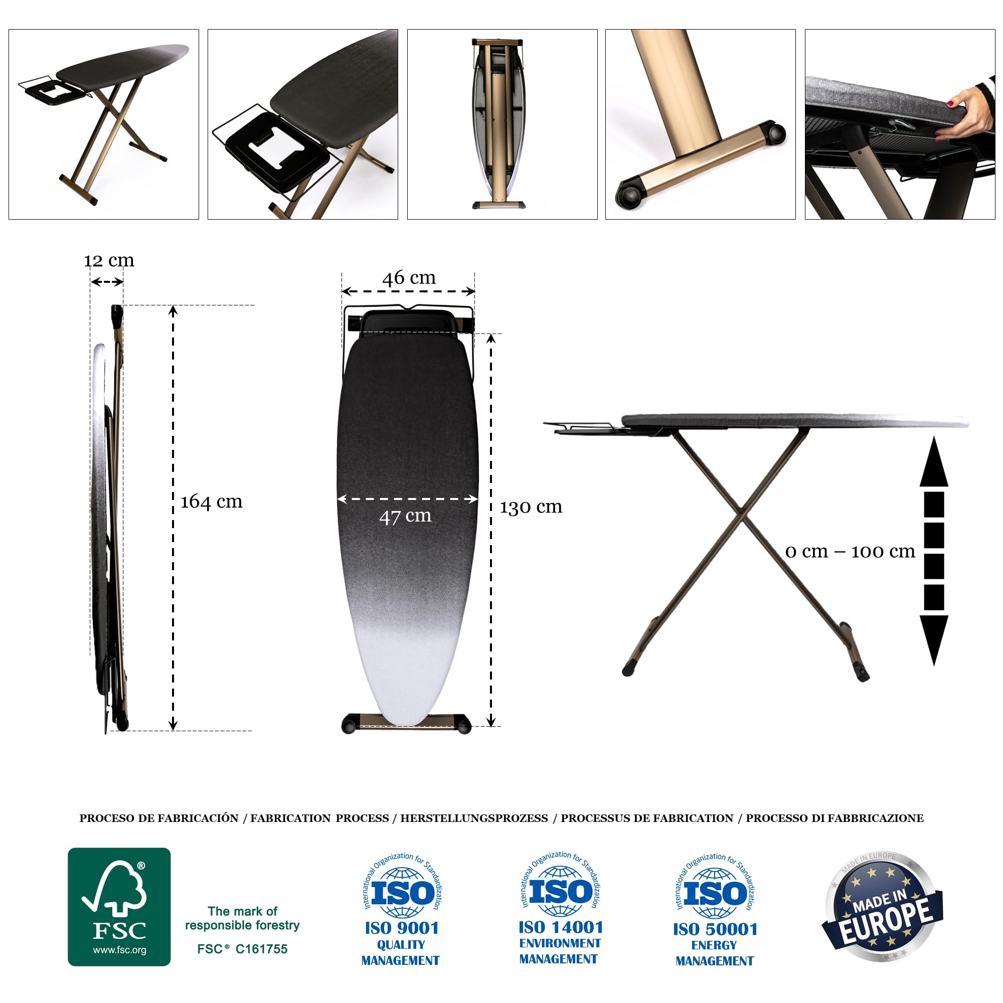 GoldVIP Table à Repasser Grande et Professionnelle | 130x47 cm | Pliable, Robuste et Stable | Hauteur Réglable | roulettes | Surface XXL Large | Aluminium | Idéale Centrales Vapeur | Fabriquée Europe