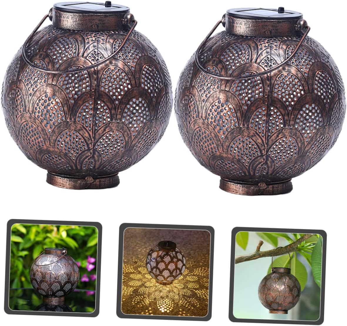 Veemoon 2pcs Solar Lanterns Decorative Led Hanging Lights for Outdoor Garden Courtyard and Patio Vintage Iron Design Solar-Powered Night Illumination Easy to Use and