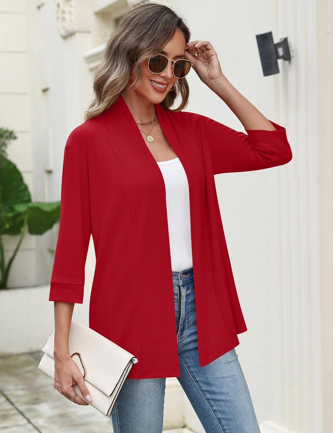 LOMON Womens 3/4 Sleeve Cardigan Open Front Lightweigh Casual Cardigan with Pockets - Image 2