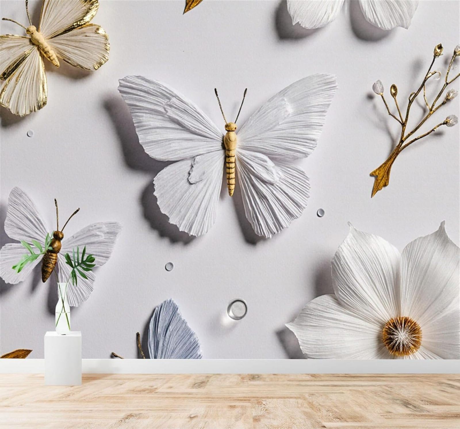 Papier Peint 3D Élégance Papillon Blanc Touches Dorées Minimalisme Art