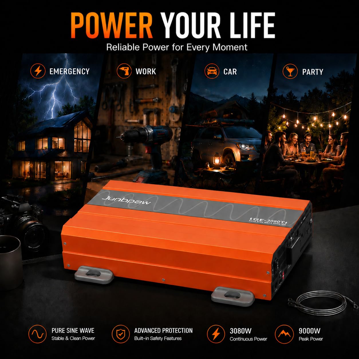 3080 W 12 V DC do 110 V AC 120 V AC 120 V 120 V AC szczyt 9000 W USB 5 V / 2,1 A cichy wentylator, skraplacz, zasilany energią słoneczną poza siatką do kamperów, kempingów