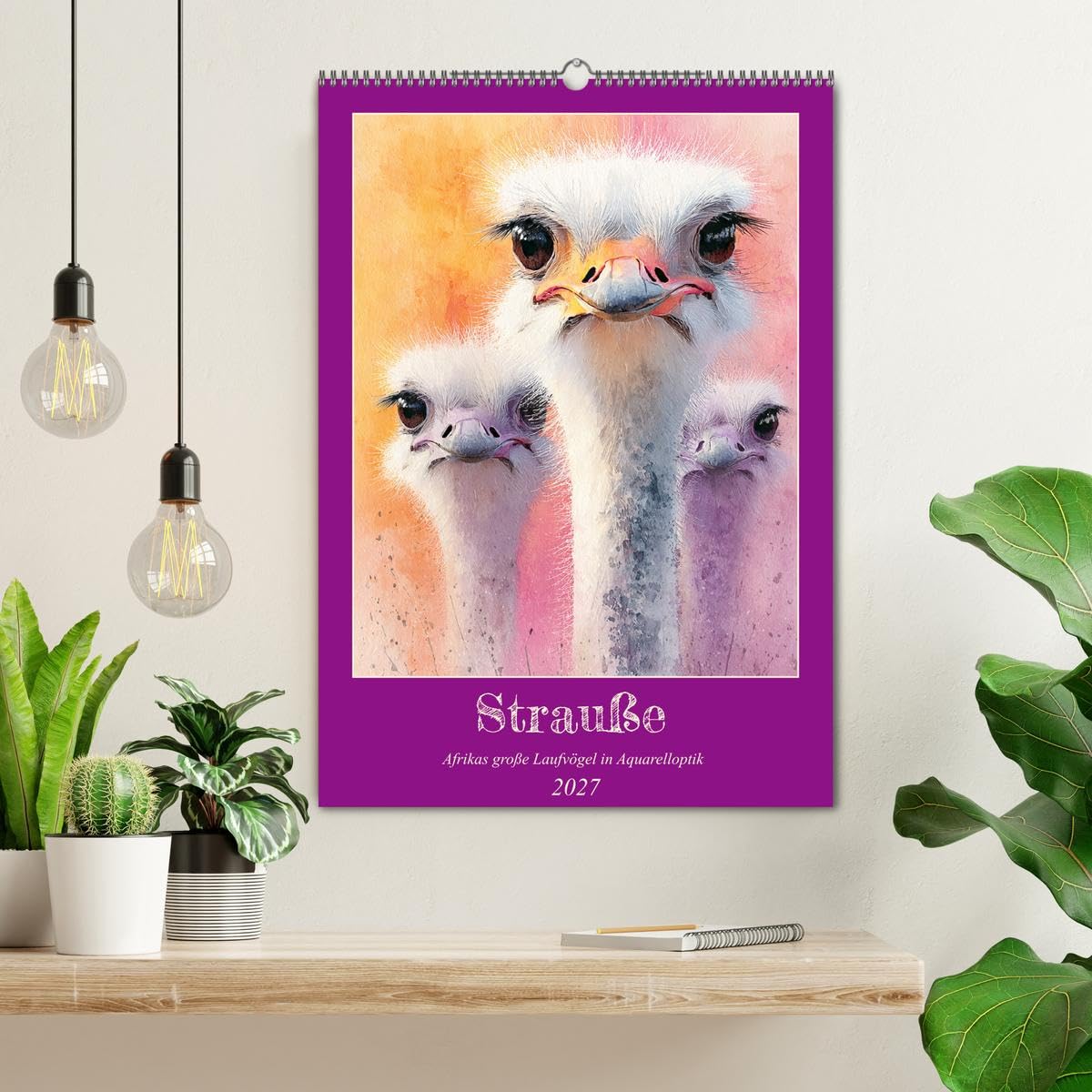 Strauße. Afrikas große Laufvögel in Aquarelloptik (Wandkalender 2027 DIN A2 hoch), CALVENDO Monatskalender: Die majestätische Ruhe und dynamische ... in schönen Illustrationen (CALVENDO Tiere)