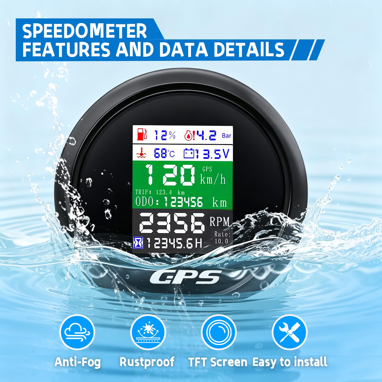 Tachimetro GPS 85 mm 6 in 1 Multifunzione Digitale Tachimetro Contagiri Voltmetro Indicatore Livello Carburante Temperatura Acqua e Pressione Olio