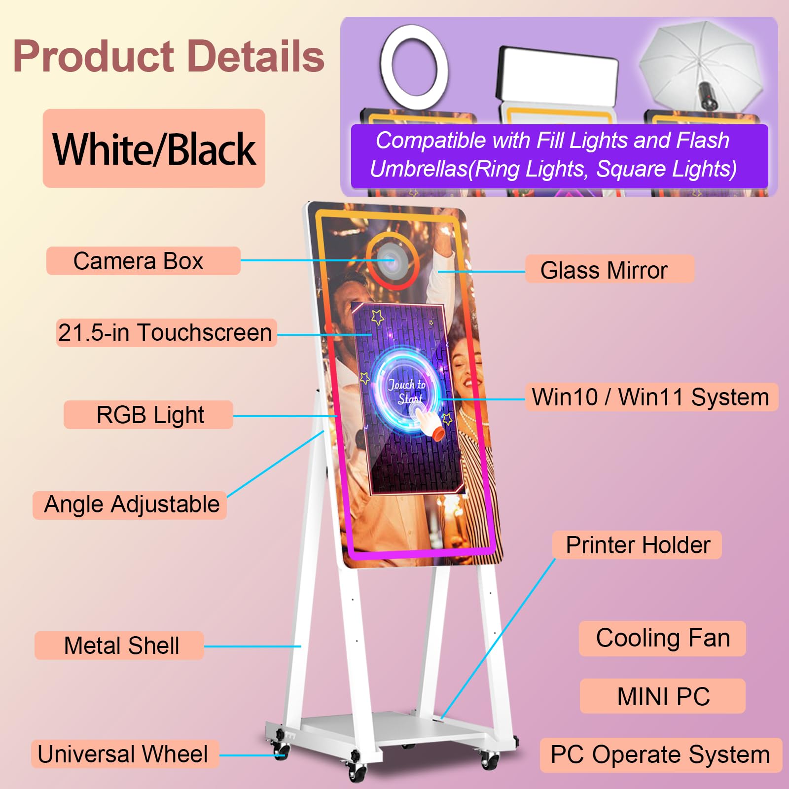 Budka fotograficzna z magicznym lustrem 128 cm z ekranem dotykowym 56 cm, fotobudka DSLR z etui lotniczym, natychmiastowe udostępnianie, światło RGB, profesjonalna fotobudka na imprezę (biała, maszyna