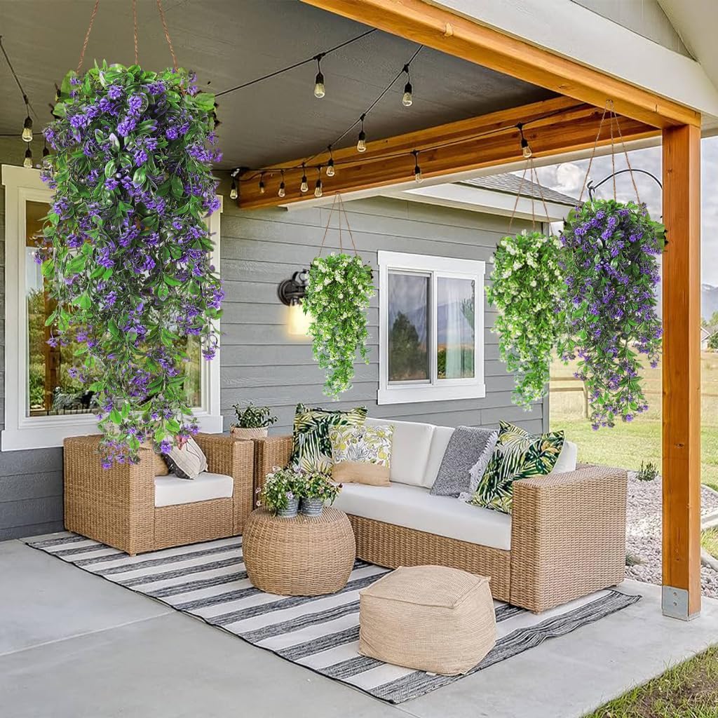 RECUTMS 2Pcs Artificial Hanging Plants Fake Vines Fake Plants Outdoor Greenery Artificial Flower for Outdoors Hanging Basket Plastic Home Garden Wedding Party Decorations(Purple) - Image 6