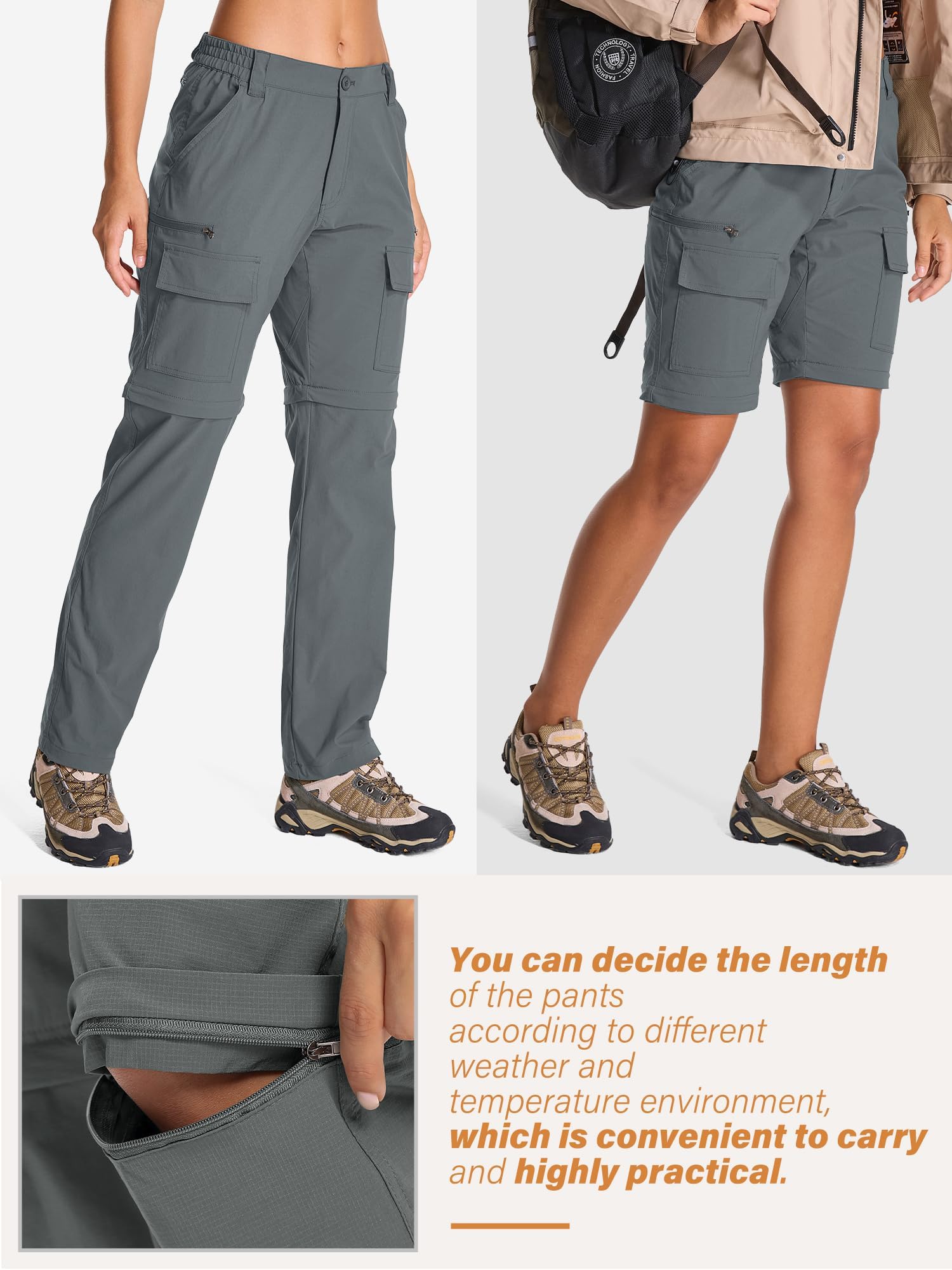 Jessie Kidden Pantalones impermeables para mujer, para caminar, senderismo, convertibles, ligeros, de secado rápido, UPF 50+, protección UV, con cremallera