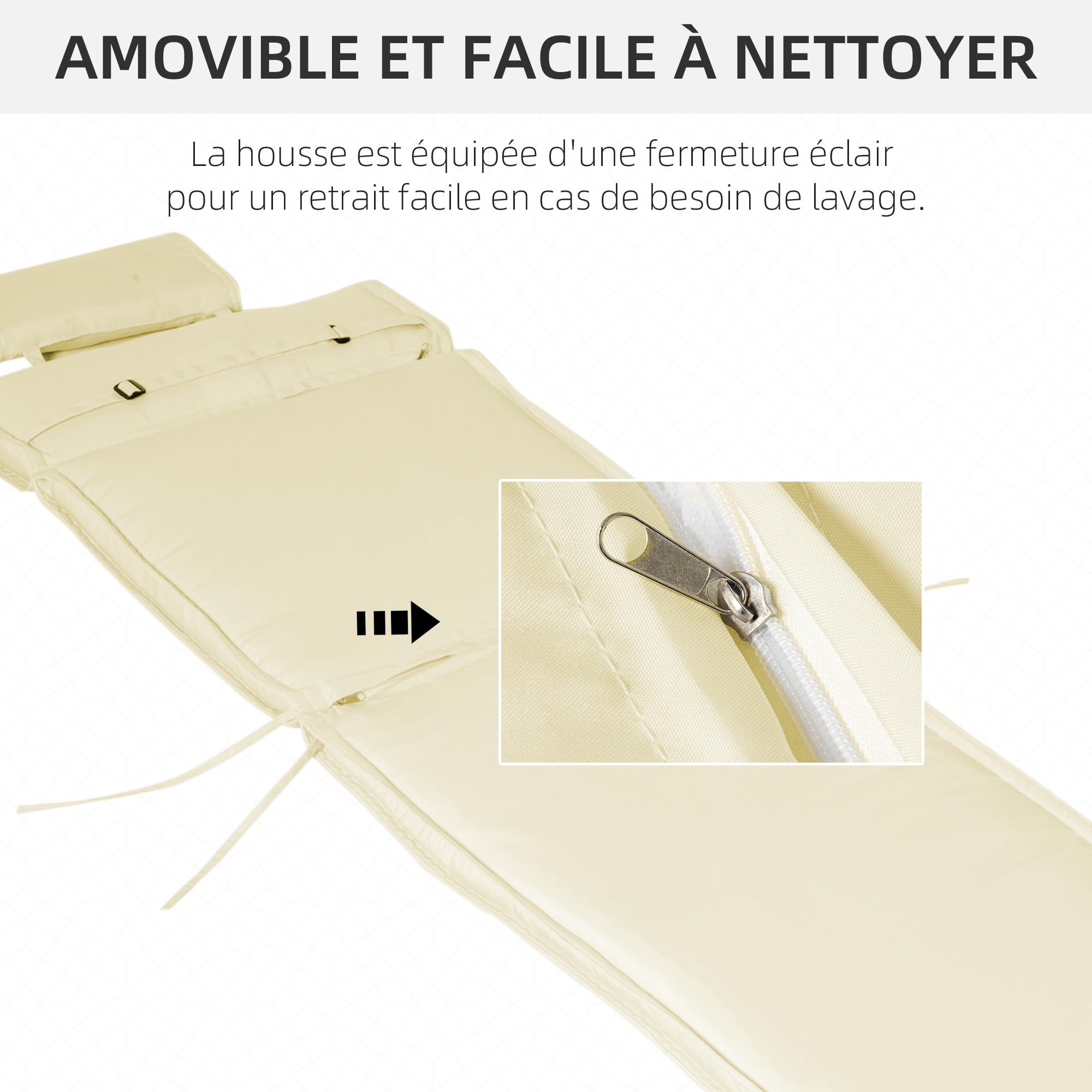 Outsunny Coussin Bain de Soleil Déhoussable Zippé 198 x 53 x 5 cm Crème