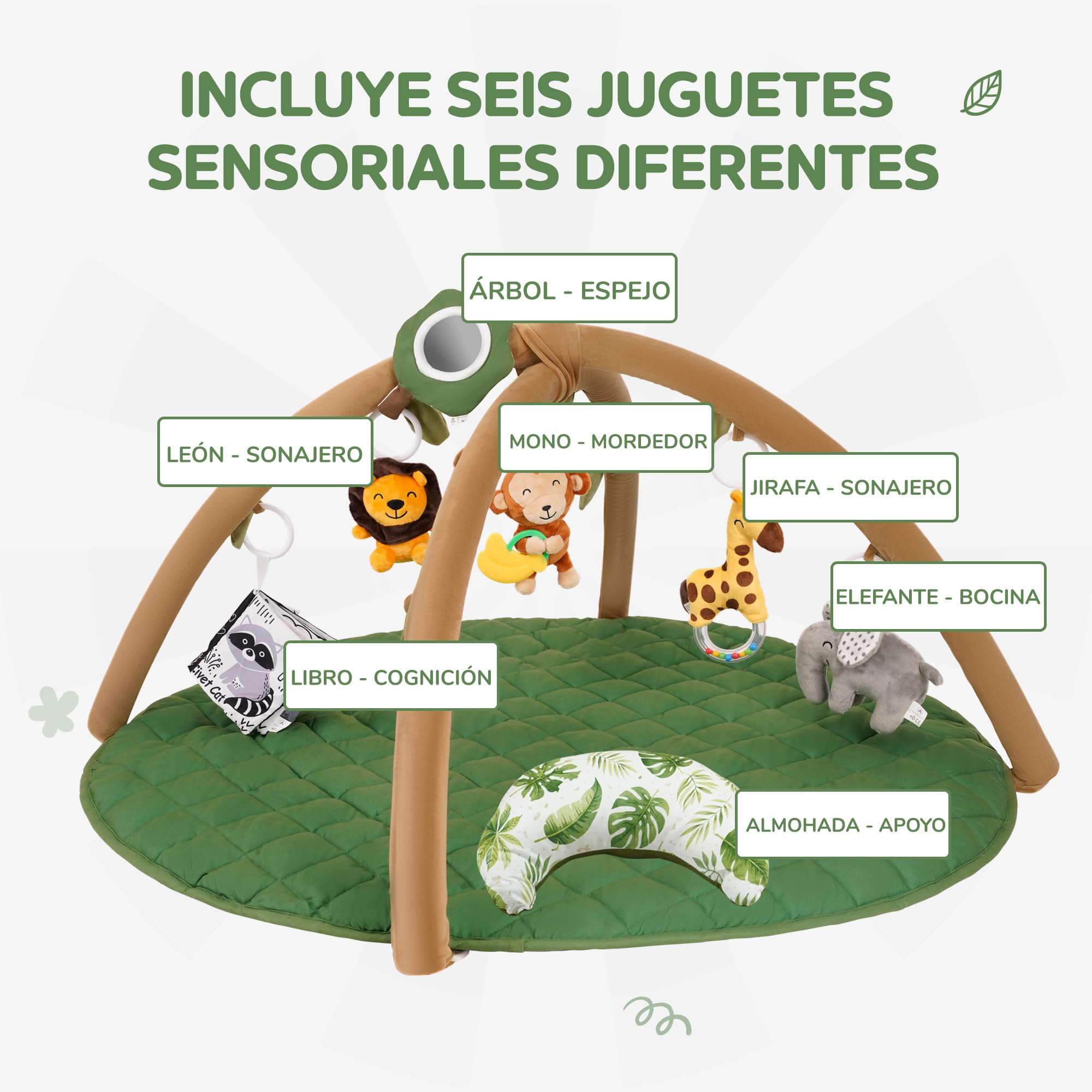 Gimnasio de Actividades con Alfombra Acolchada Jungla con 6 Juguetes y Almohada - Bebes