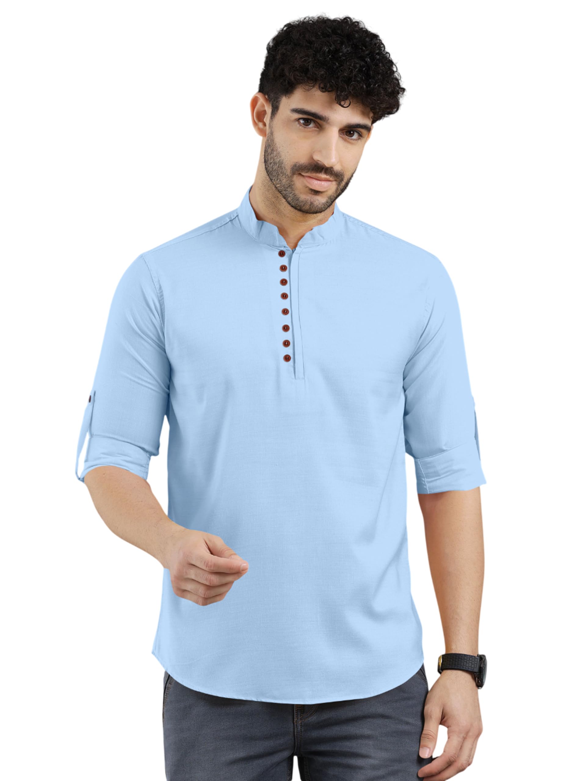 zombom Men's Cotton Polyester Blend Regular Fit Zipper with Button Roll-Up Full Sleeve Short Kurta with Super Soft | Stylish Design Comfortable Straight Kurta for Casual Outings-picture-33