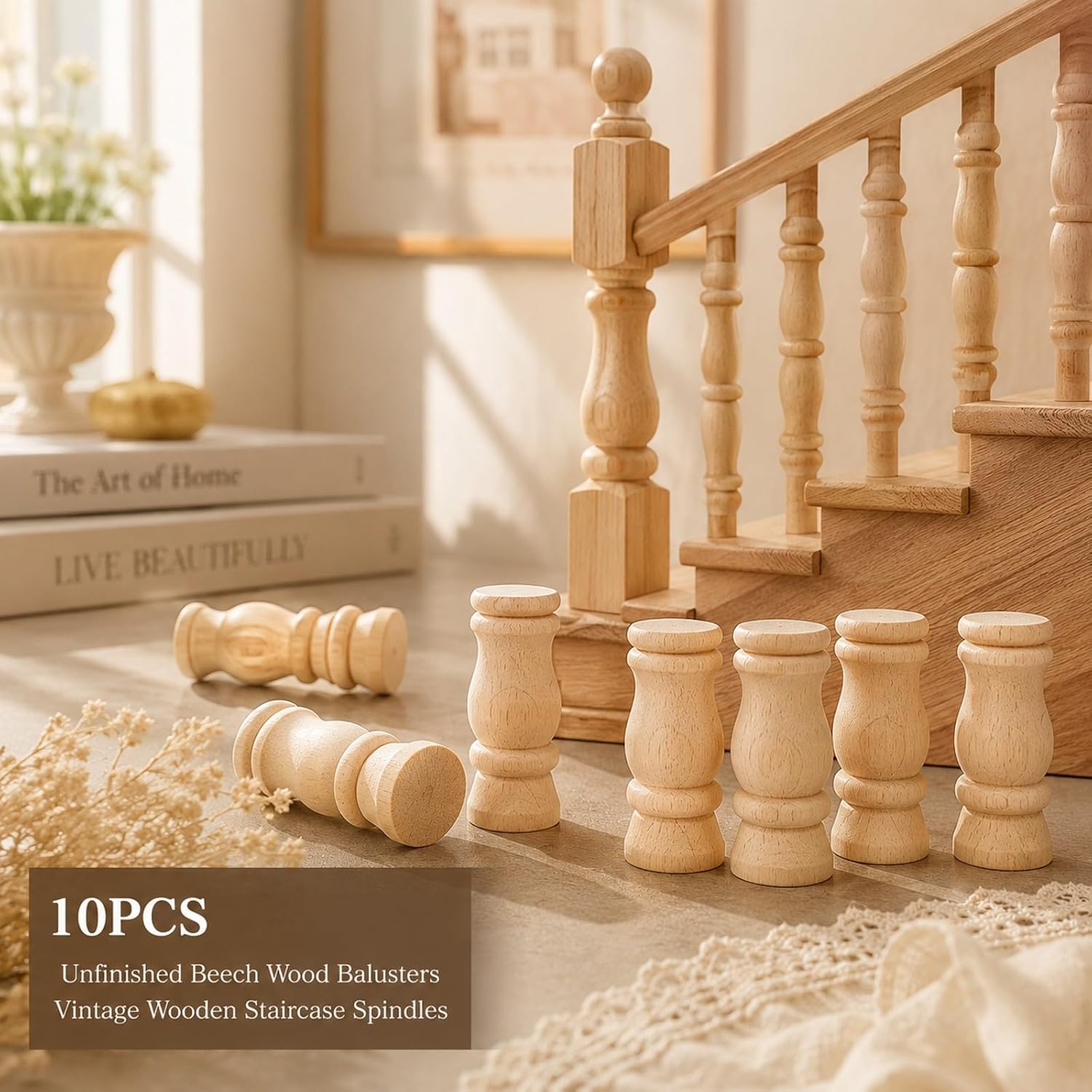 LOGOFUN 10pcs Unfinished Beech Balusters Wooden Fireplace Decor | Solid Wood Spindle Columns, Raw Surface For Diy Staining, Perfect For Mantel Or Miniature Architecture