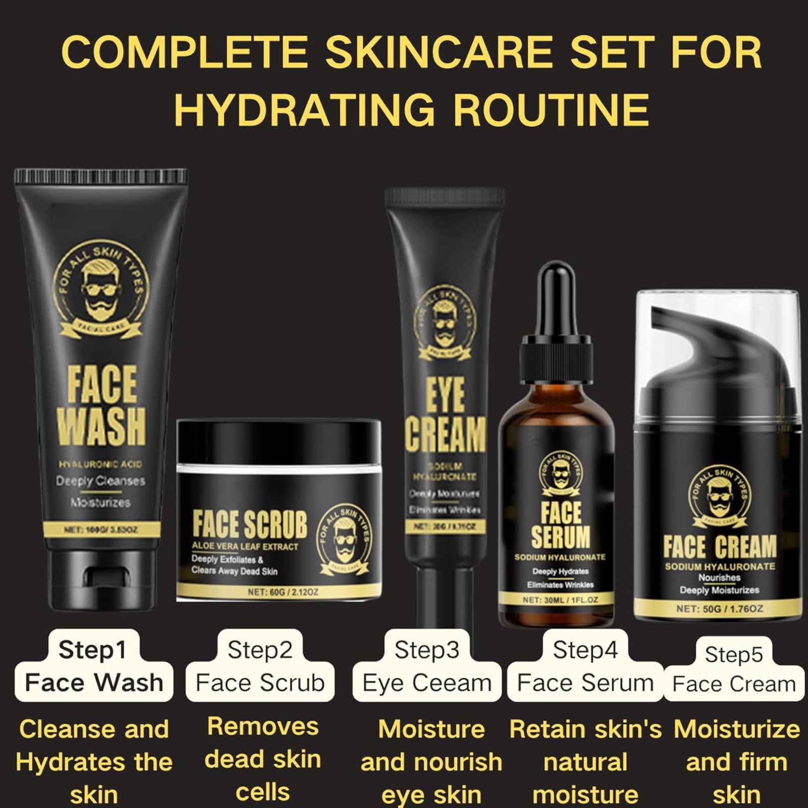 5PCS Men's Anti-Aging Care Set Kit,Mens Skin Care Sets & Kits, Mens Face Cream, Face Wash & Scrub, Eye Cream - Image 3