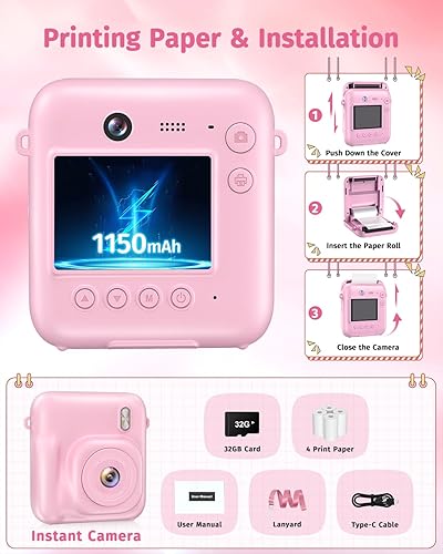Miniatura 8 de Cámara instantánea, cámara de doble lente para niños, impresión instantánea para niños y niñas, regalos de cumpleaños, cámaras digitales 1080P para