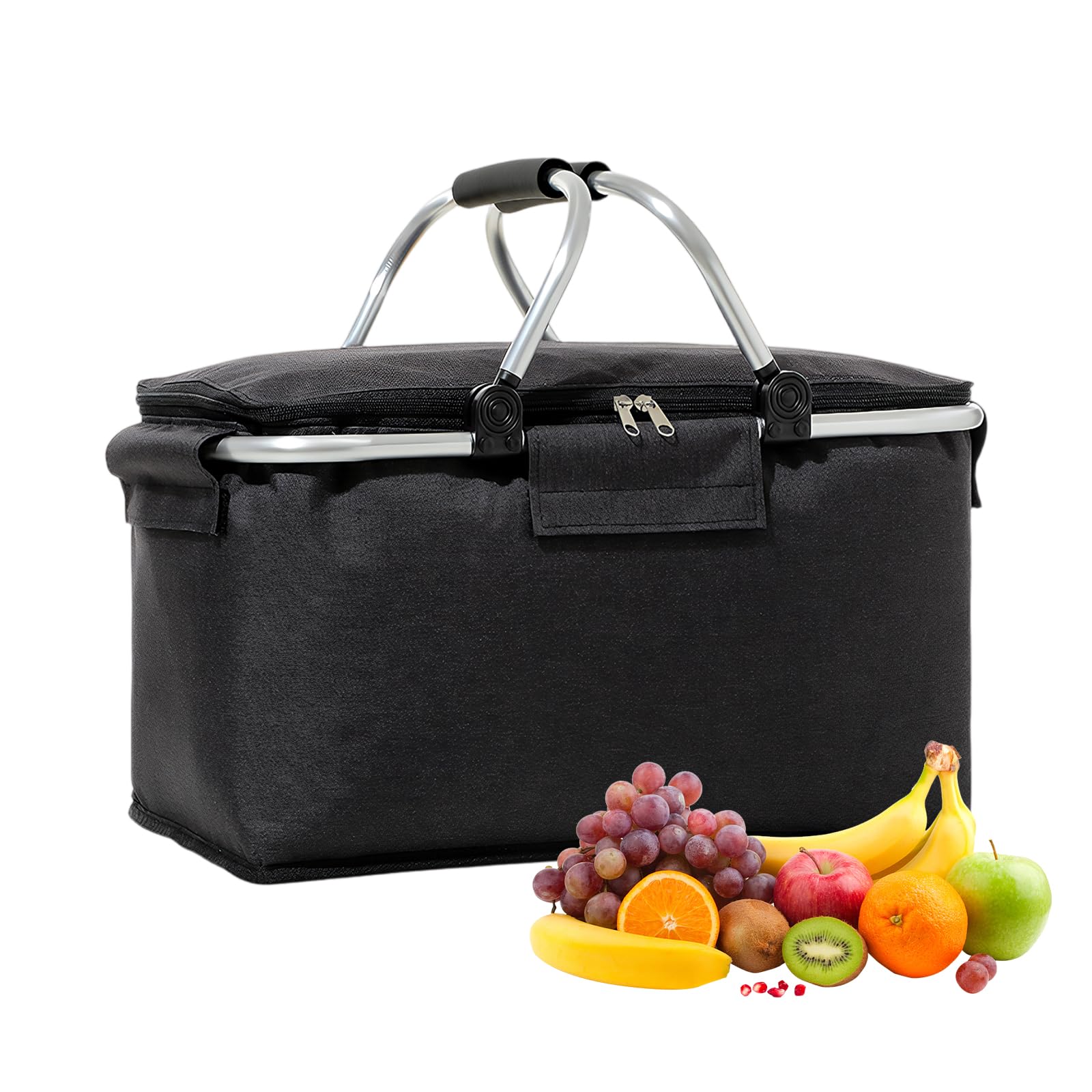 Shopping Basket Cooler Bag Insulated Picnic Basket, Premium Extra Large Cooling Cooler Cool Bag, Collapsible Lunch Bag Box, for Camping/Outdoor Activities/Family Travel/BBQ/Shopping (Black)