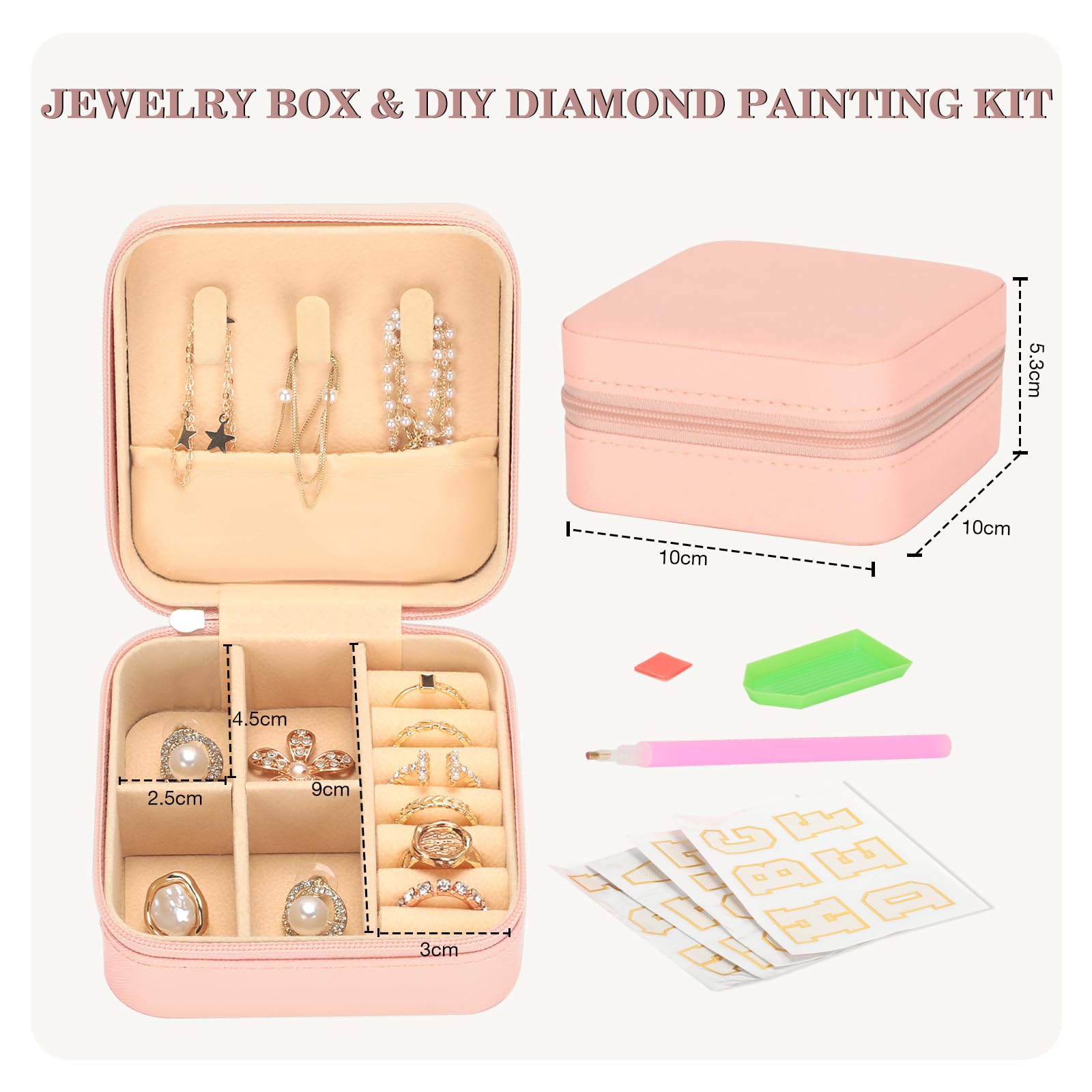 VINATO Portagioielli Personalizzabile con Lettere Diamantate 10x10x5 cm DIY Scatola Porta Gioielli da Viaggio in Pelle PU Rosa