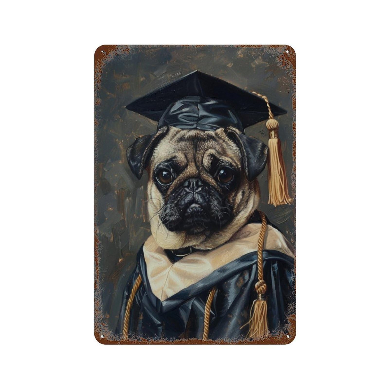 Pug Graduation Portrait Art Retro Metal Sign 11.8"x7.9", Vintage Wall Decor for Office, Studio And Wall Decor