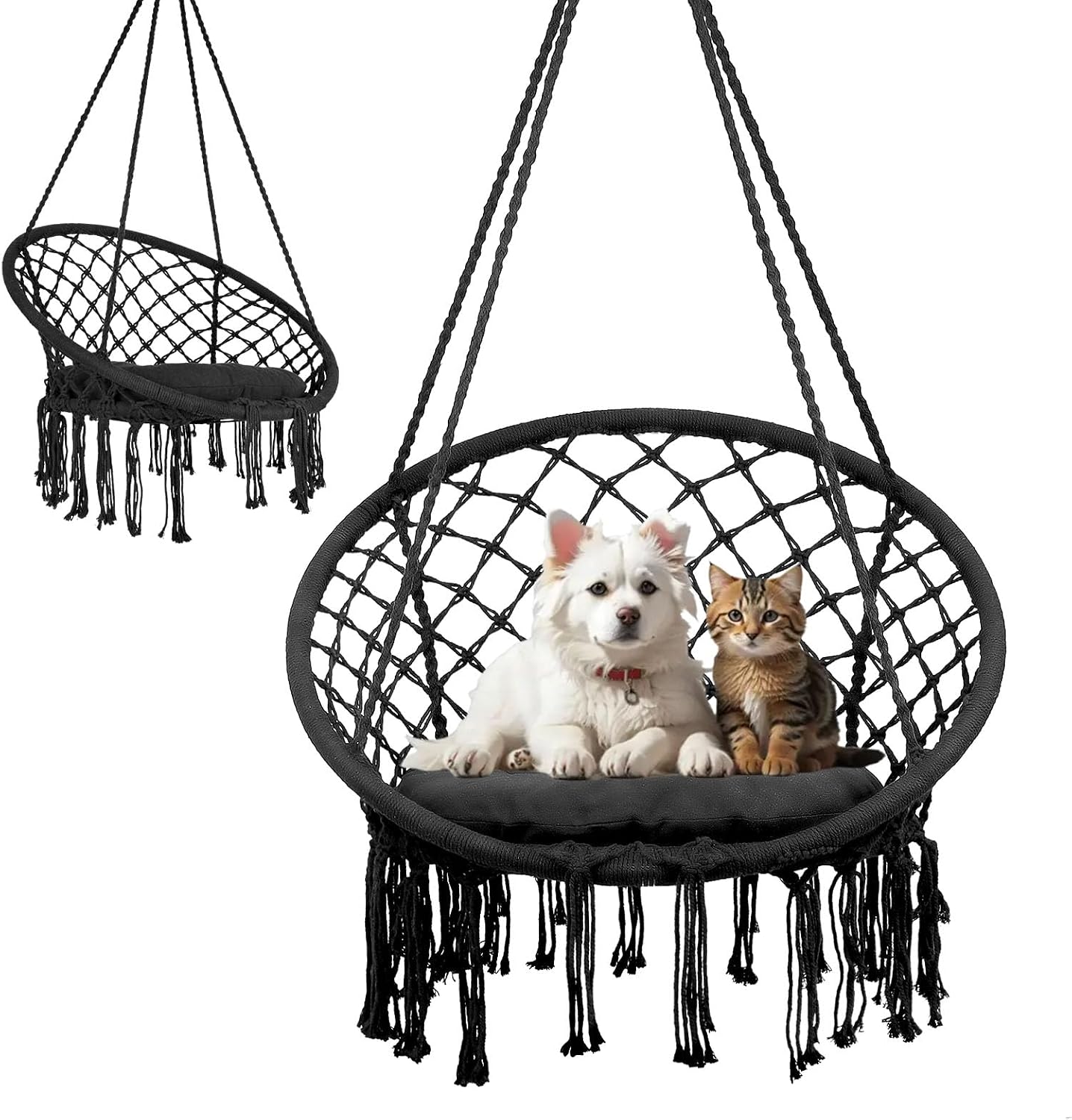 Macrame Hammock Hanging Swing Chair, Bohemian Style Hammock Chair with Cushion, 330lbs Capacity Cotton Swing Chair Perfect for Indoor/Outdoor/Bedroom/Deck/Yard (Black)