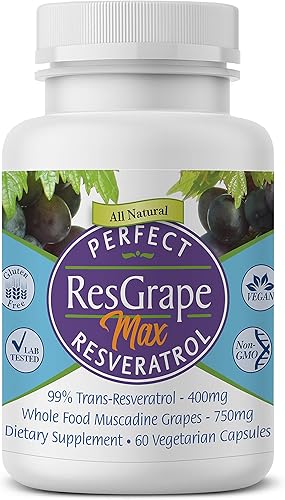 Perfect resgrape Max 99% Trans-Resveratrol & Muscadine Uva Anti-Edad Suplemento & Potente antioxidante 60 Vegetable Capsules