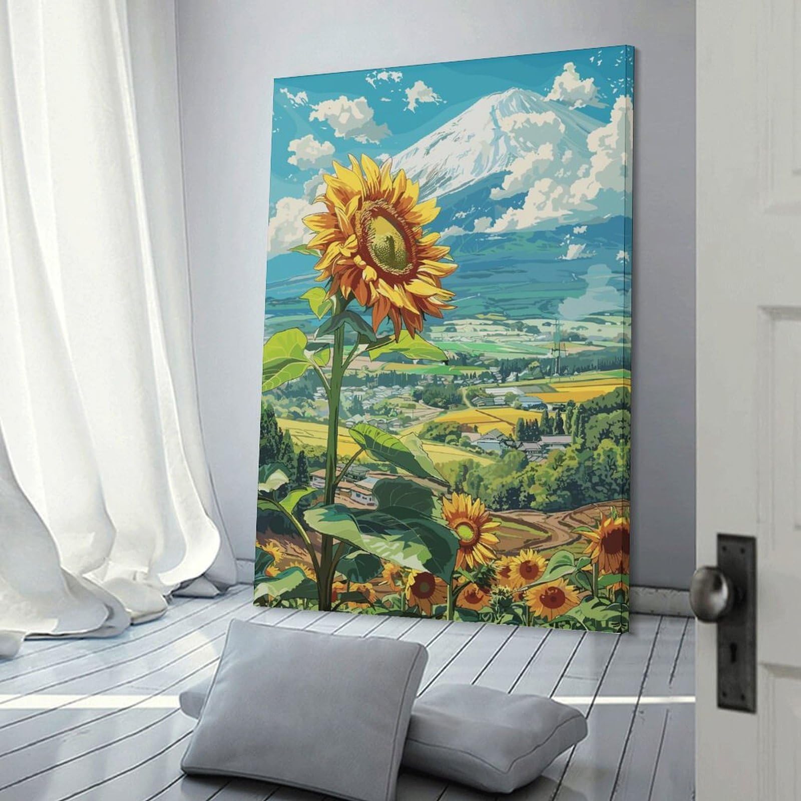 Junmoney Frame-Style-12 Sunflowers And Mount Fuji Canvas Wall Decor 12X18inch(30X45cm), For Lounge, Study, Hallway Or Flat Walls, Canvas Wall Art That Fits Changing Layouts