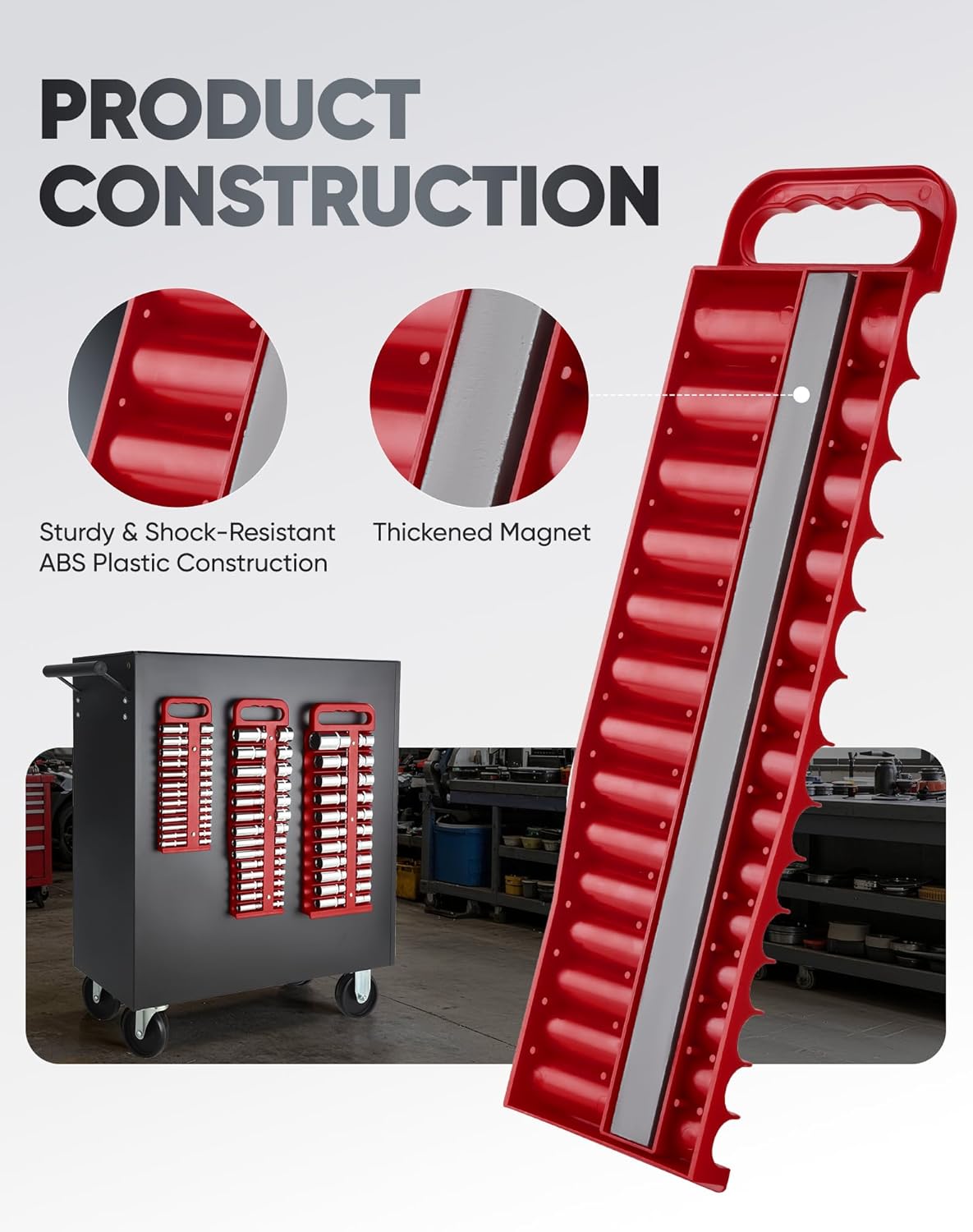 ALOANES Portable Magnetic Socket Organizer Tray Set, 3PC Heavy Duty Magnetic Socket Holder for Sockets Storage, Toolbox Socket Set Organizer Fit 1/4", 3/8" and 1/2" Drive, Sockets NOT Included(Red)