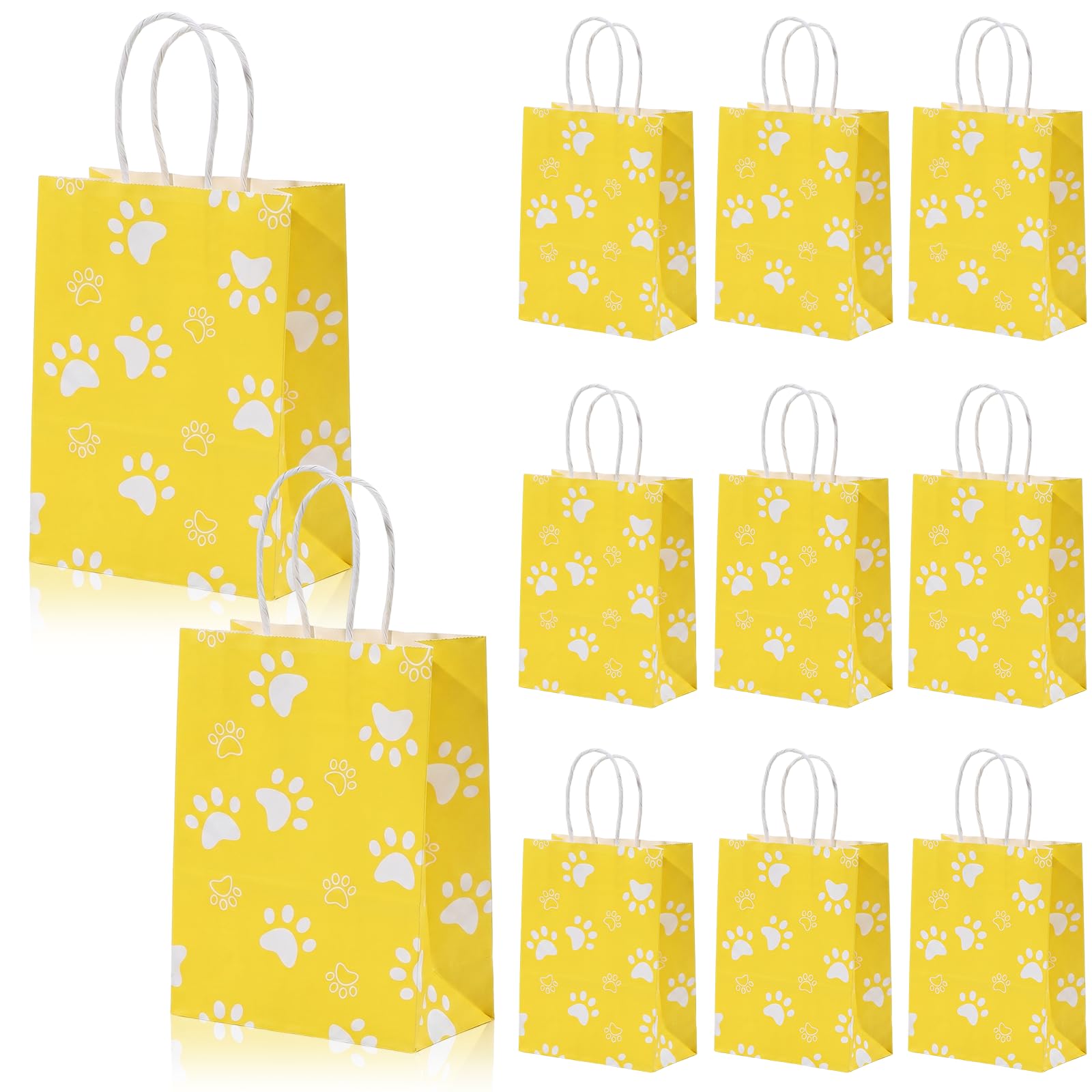 12 Pcs Paw Print Bags with Handles Paw Print Kraft Paper Gift Bags Thick Dog Paws Printing Gift Bag for Birthday Parties Baby Showers (Yellow)