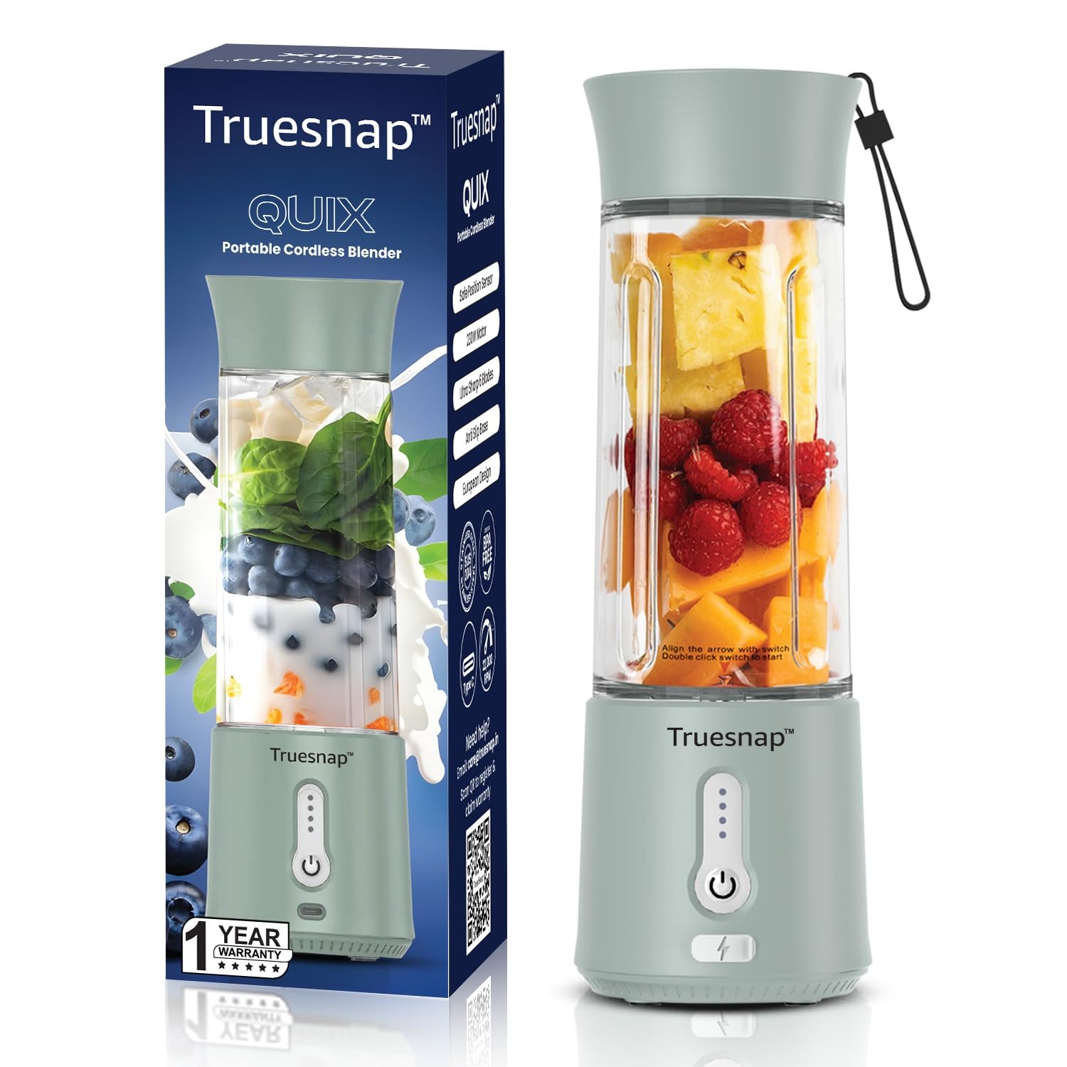 TrueSnap QUIX Portable Blender 500ml – USB-C Rechargeable, 230W Motor, Single Blend Mode, 6-Blade SUS 304, BPA-Free Design – Personal Blender for Juices, Smoothies, Work, Gym Use (Sage green)-image-41