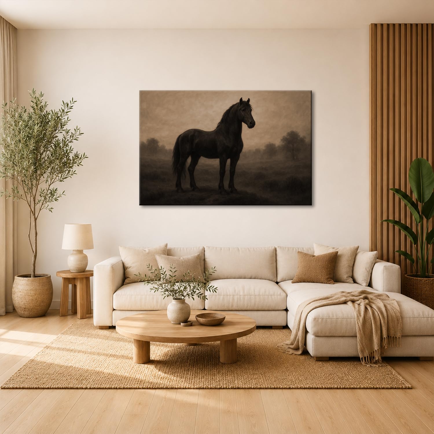 deyoli Obraz na płótnie ciemny koń na mglistej polanie 80 x 60 cm Sepia
