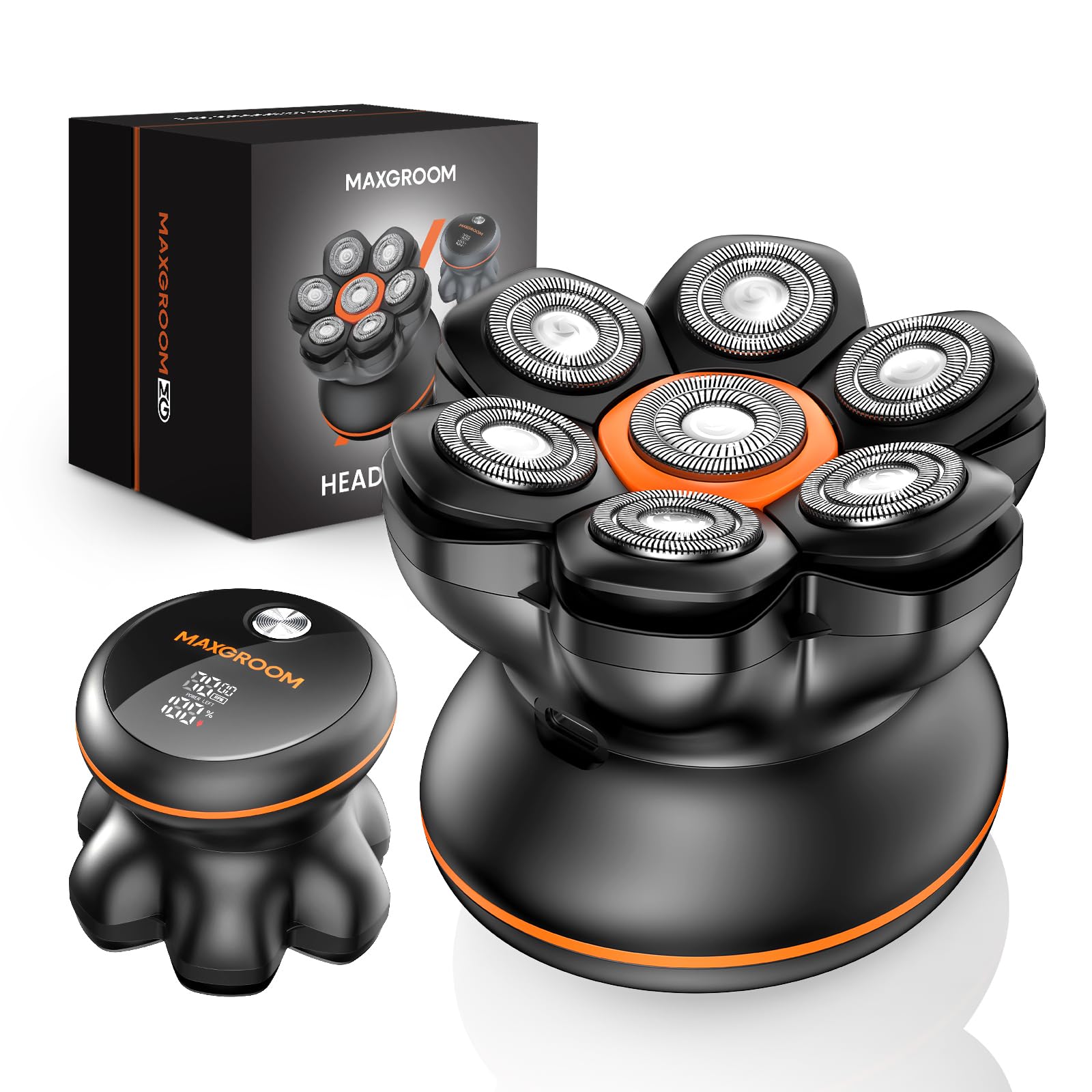 MAXGROOM 7D Rasoio Testa Calva 120 Minuti di Autonomia 1200mAh | Rasoio Elettrico Capelli Uomo Zero Assoluto Rasa 0 mm, Head Shaver Impermeabile IPX6 Cordless Display LED