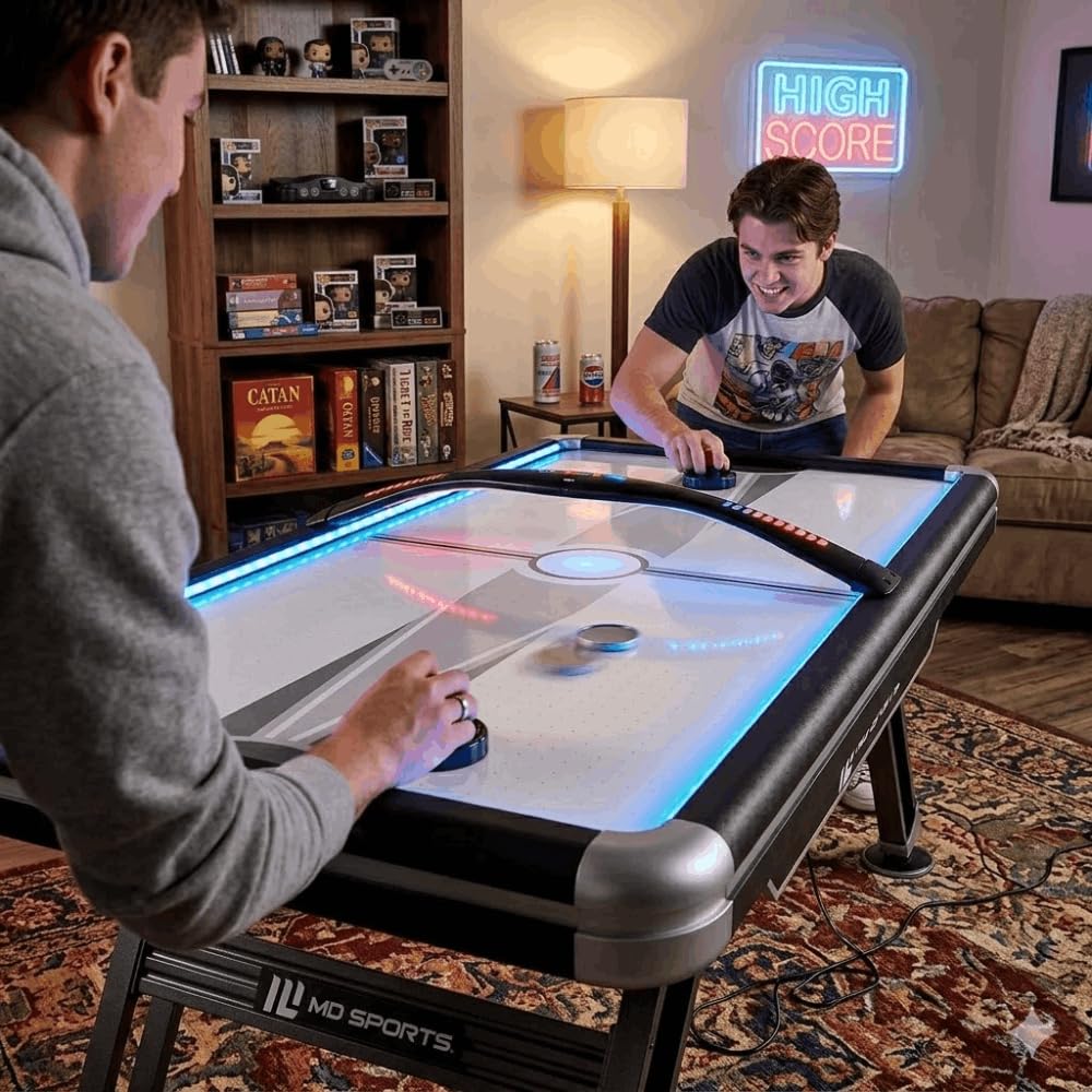 DEVESSPORT Air Hockey Rebel con Efectos LED, Mesa de Hockey Eléctrico, Incluye Todos los Accesorios Necesarios, Montaje Rápido en Casa 226x127x78 cm