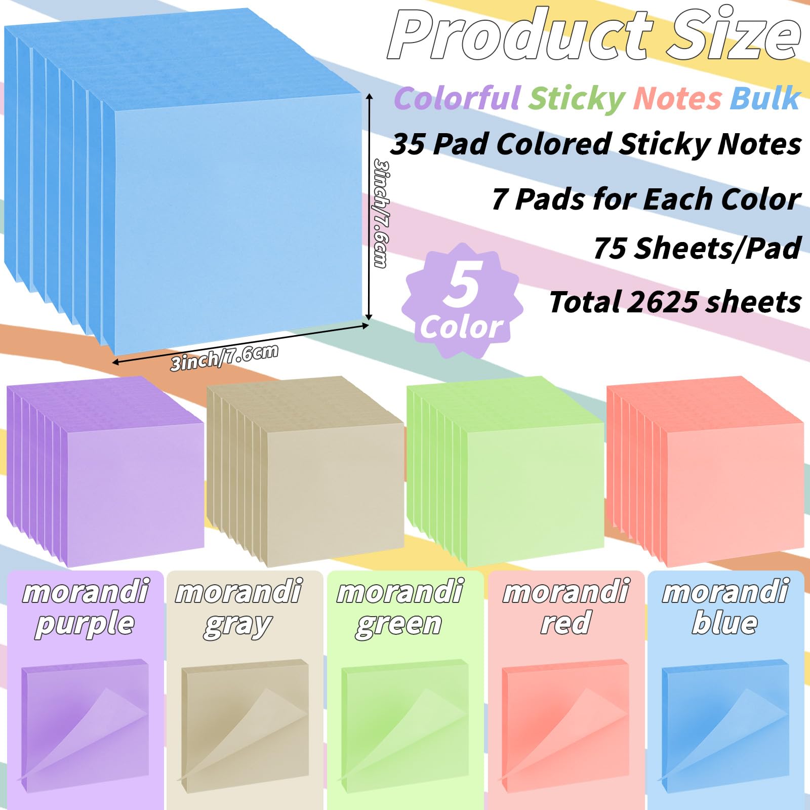 Haftnotizen, Großpackung, 7,6 x 7,6 cm, selbstklebende Notizblöcke, bunt, in 5 Vintage-Pastellfarben, selbstklebendes Papier, Memo, 75 Blatt/Block, einfach zu verschicken, für Büro, Zuhause, Schule