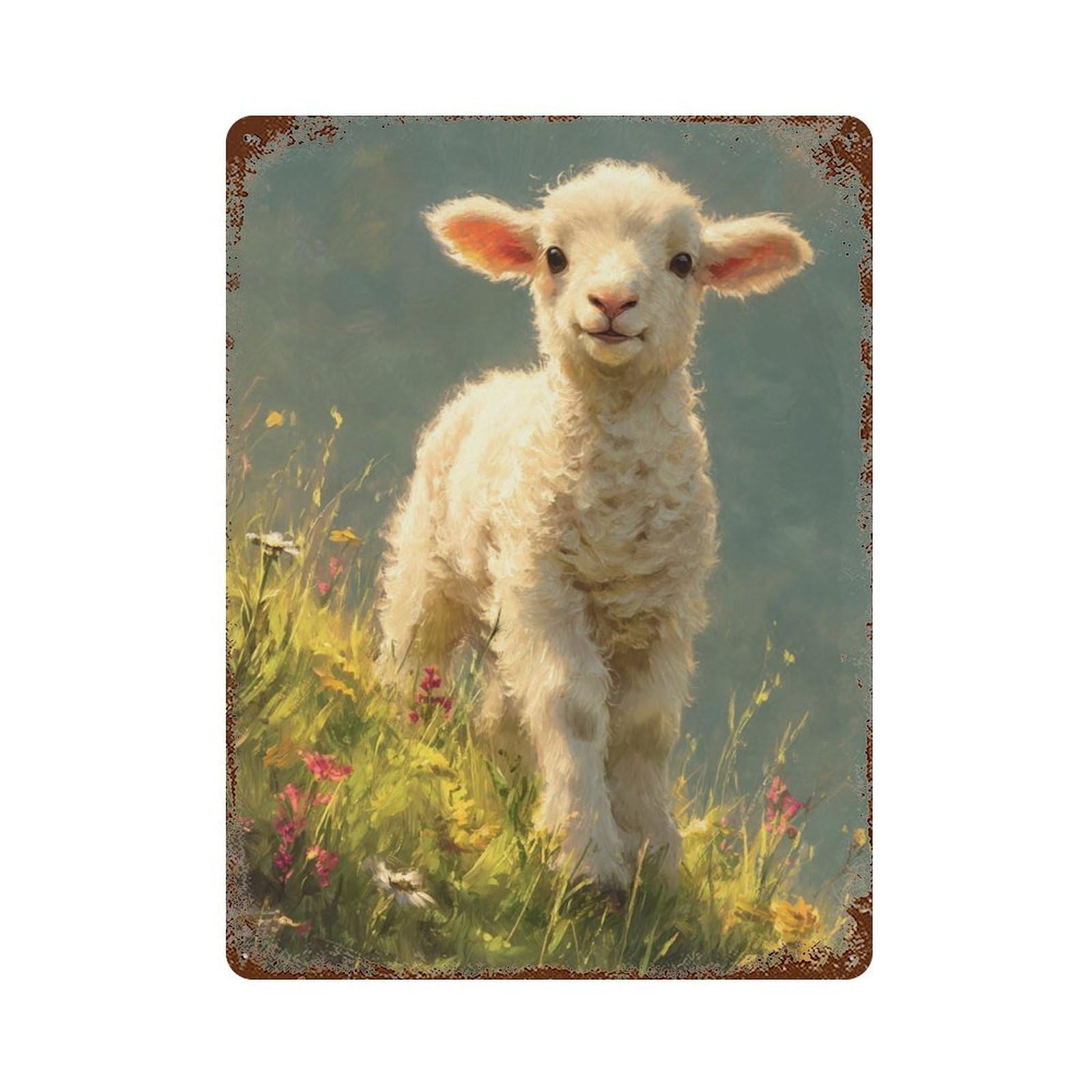 Baby Lamb in Pasture 15.7"x11.8" Weathered Tin Sign, Shabby Chic Decor for Cafe, Home Bar And Lounge Decor