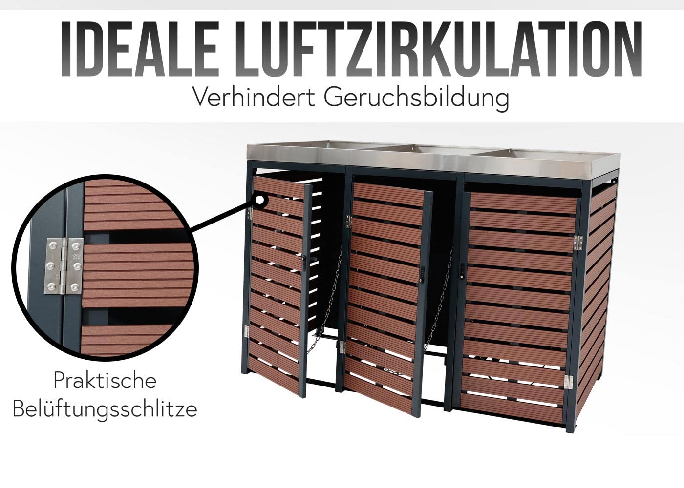 3x copribidoni box spazzatura rifiuti con fioriera HWC-K14 84x200x124cm metallo WPC - teak