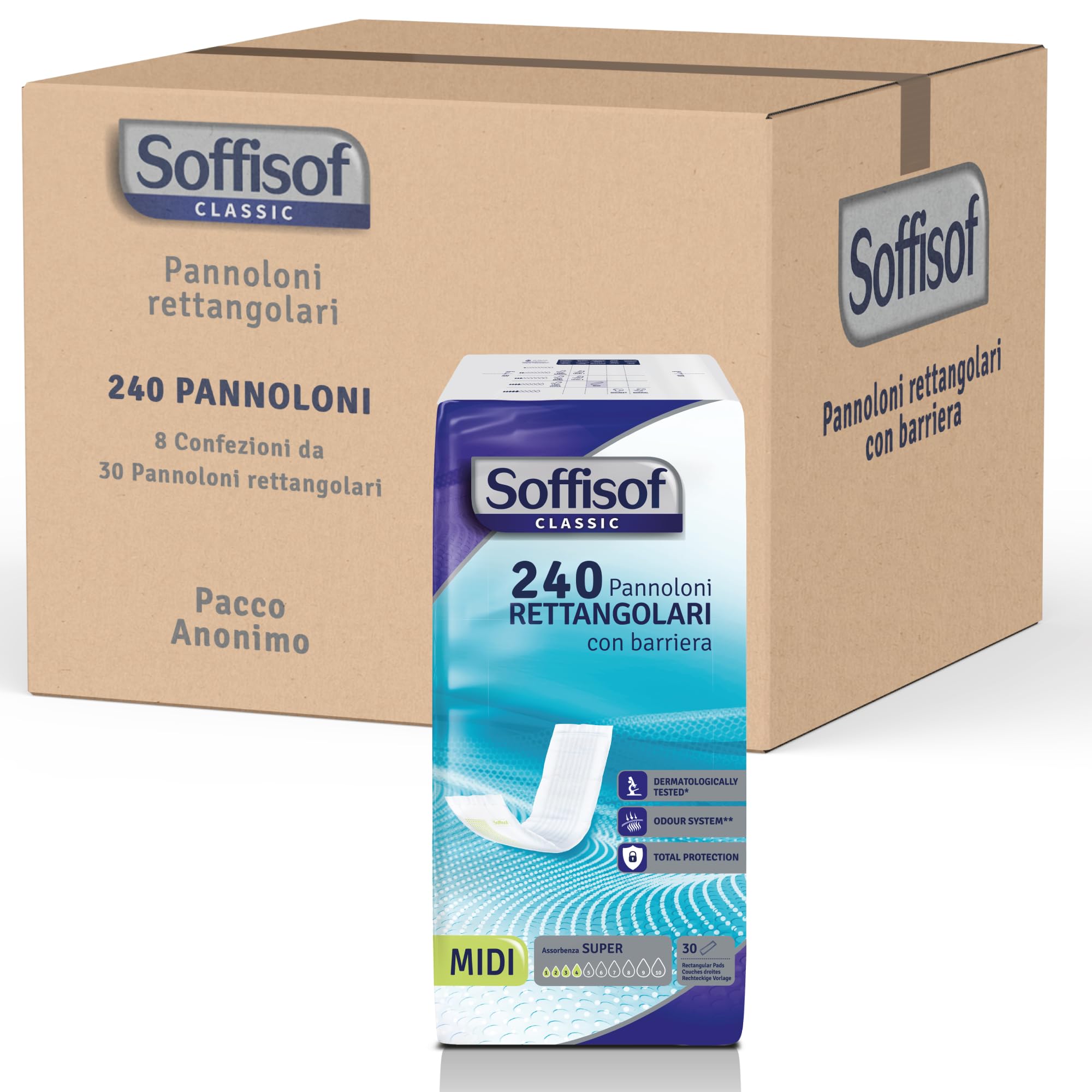 Soffisof Classic Pañales Rectangulares para Adultos con Barrera - 240x Pañales para Mayores - Absorción hasta 4 Gotas - 8 Paquetes de 30 Protecciones Incontinencia Hombre y Mujer