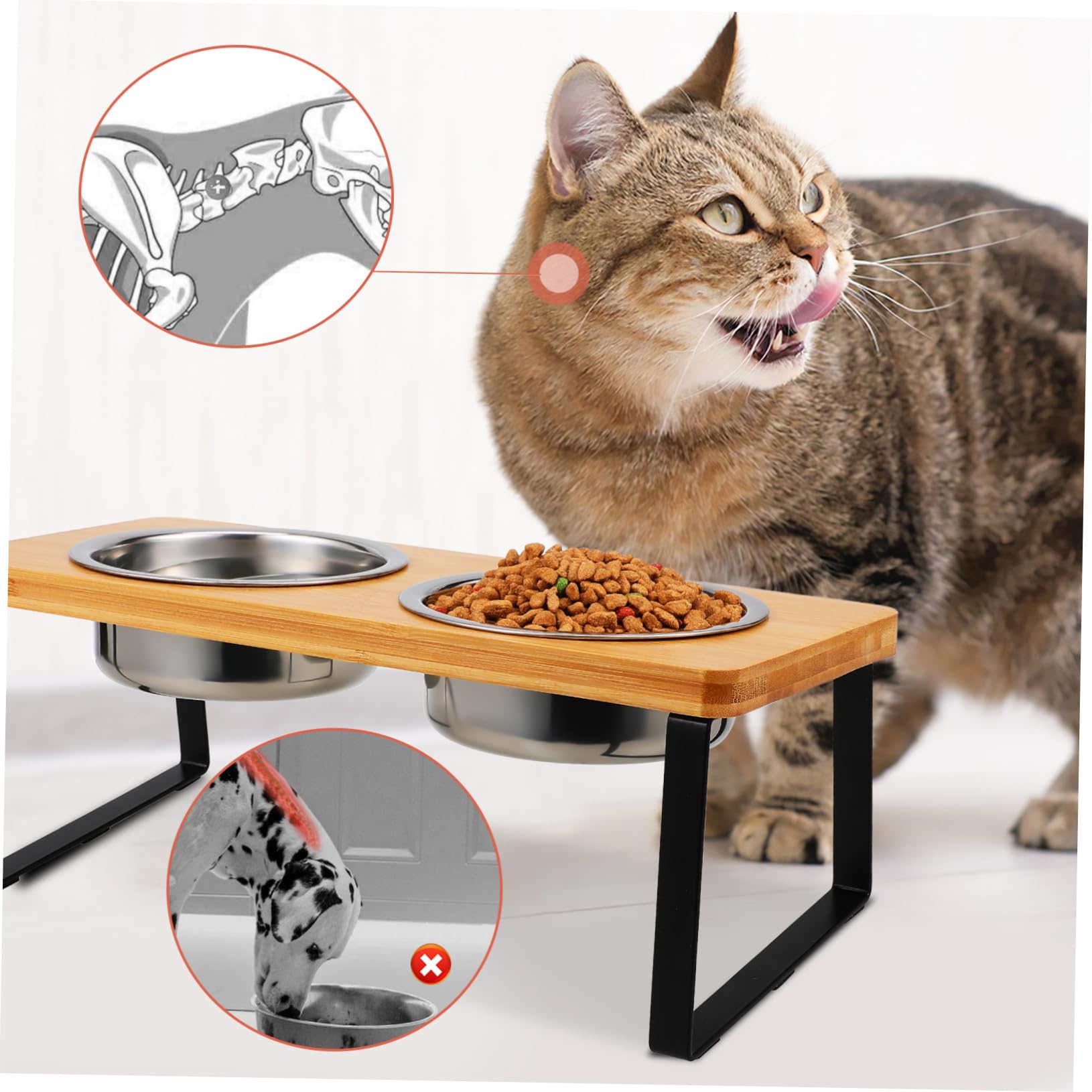 Comedero Elevado para Gatos con Soporte, Doble Cuenco de Acero Inoxidable | Base Antideslizante, Diseño Ergonómico, Uso Interior, Apto para Gato y Perro Pequeño