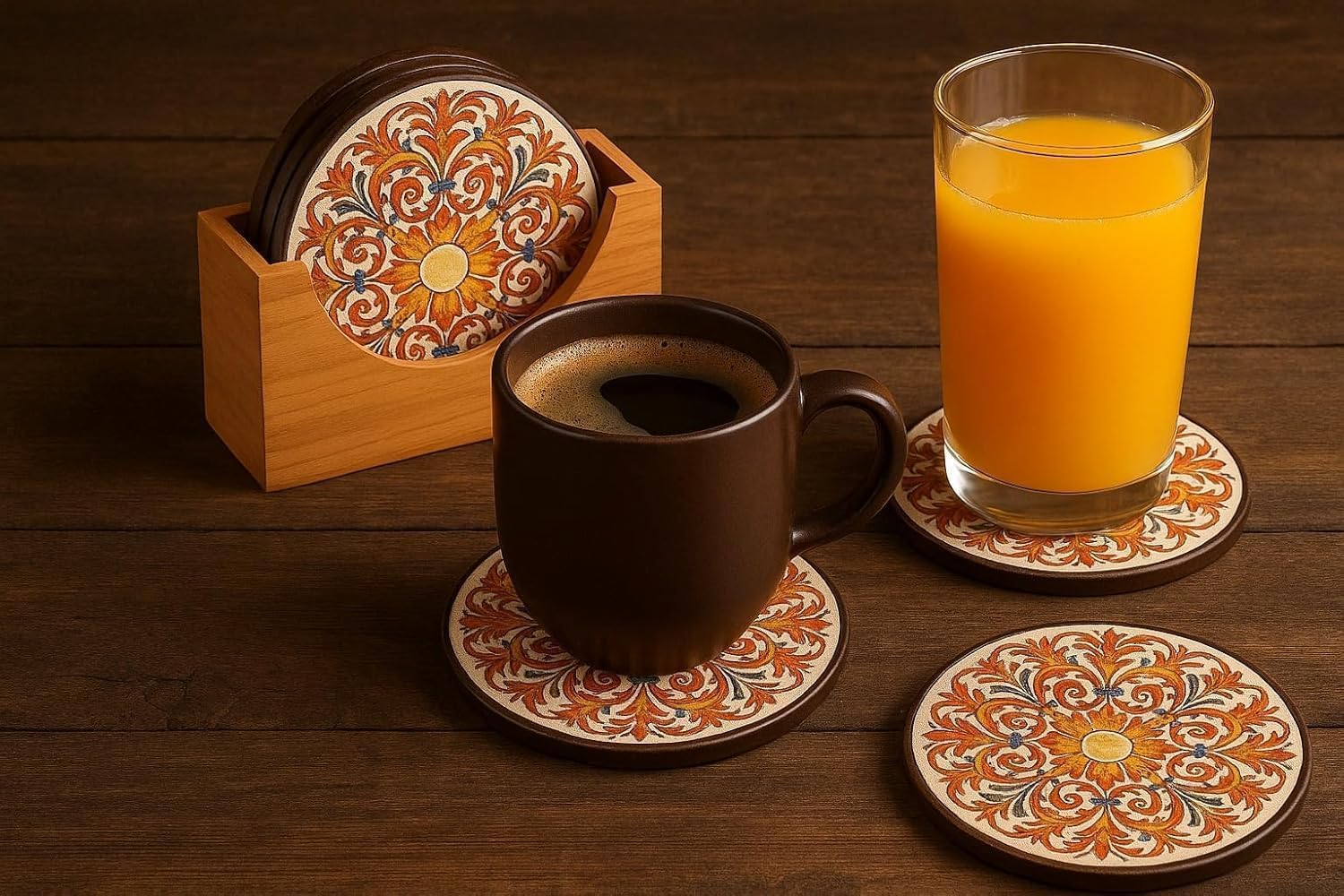 Coaster Set, Tea Coasters Set of 6 for Coffee Mugs & Glasses, Coasters for Dining Table for Hot Pots, Indian Gifts for Foreigners, Wooden Coasters with Stand Bamboo Heat Resistant Pads
