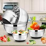 E-far 22-Piece Mixing Bowls with Black Lids & Accessories Set, Stainless Steel Nesting Bowls with Covers & Non-Slip Bottoms, Metal Bowls for Cooking/Baking/Serving/Storage - Size 7/3.5/2.5/1.5/1 QT