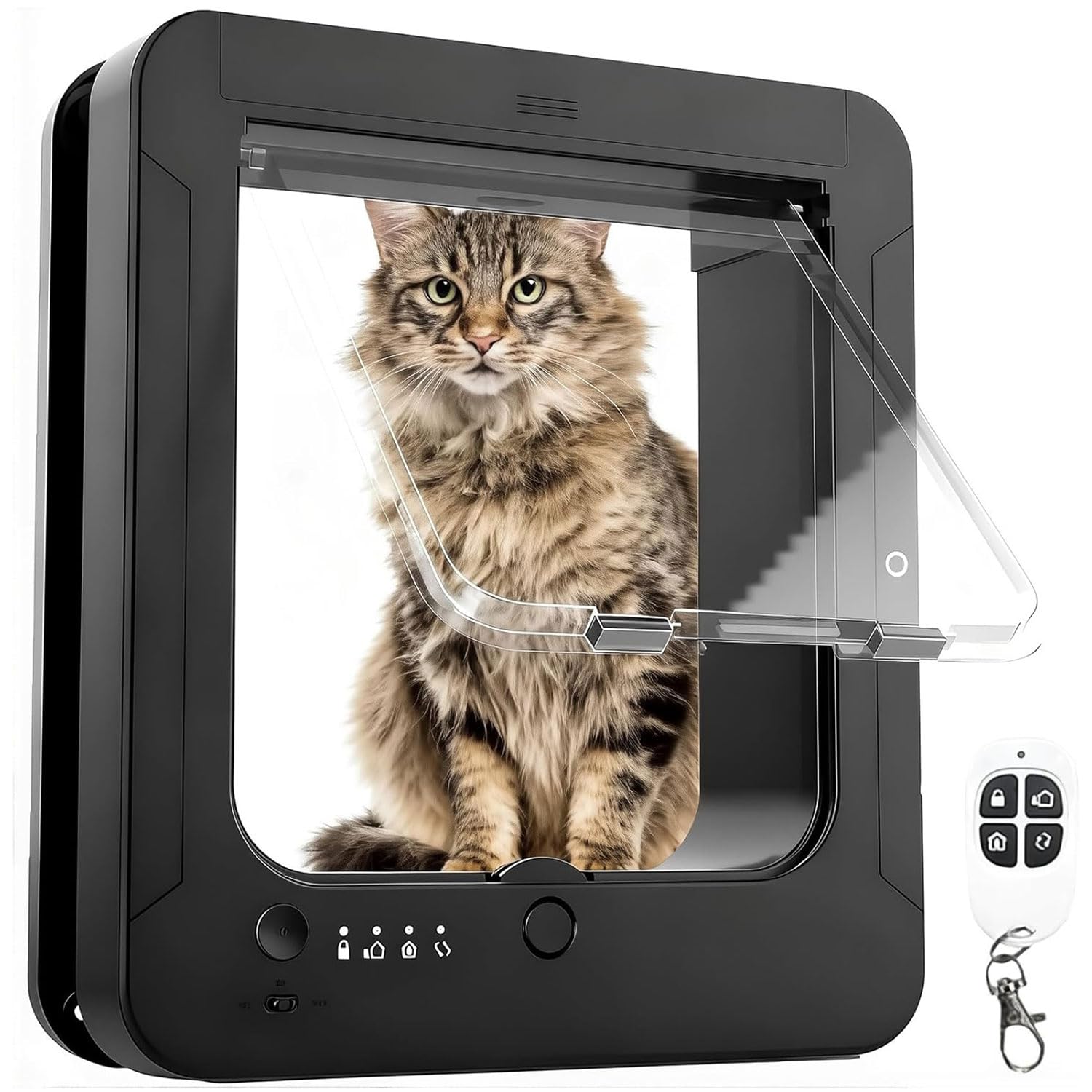 Chatière électronique avec 2 clés de Collier et télécommande, Trappe Intelligente pour Animal Domestique, Verrouillage 4 Voies, déverrouillage Automatique, Taille d'ouverture : 8 x 2, Black
