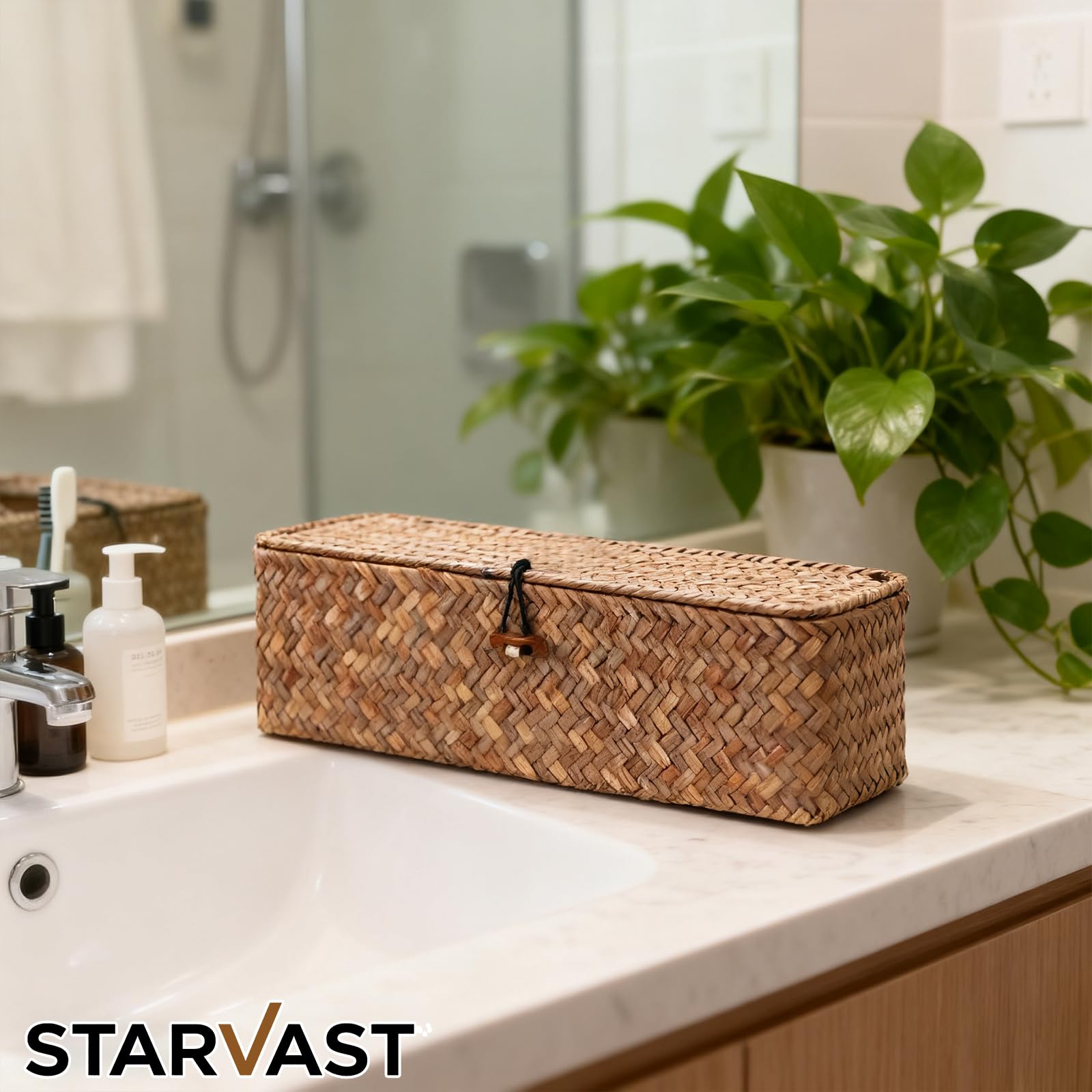 STARVAST Lot de 2 paniers de rangement rectangulaires en jonc de mer avec couvercle tressé naturel avec sections pour organiser les jouets à collation, les tampons